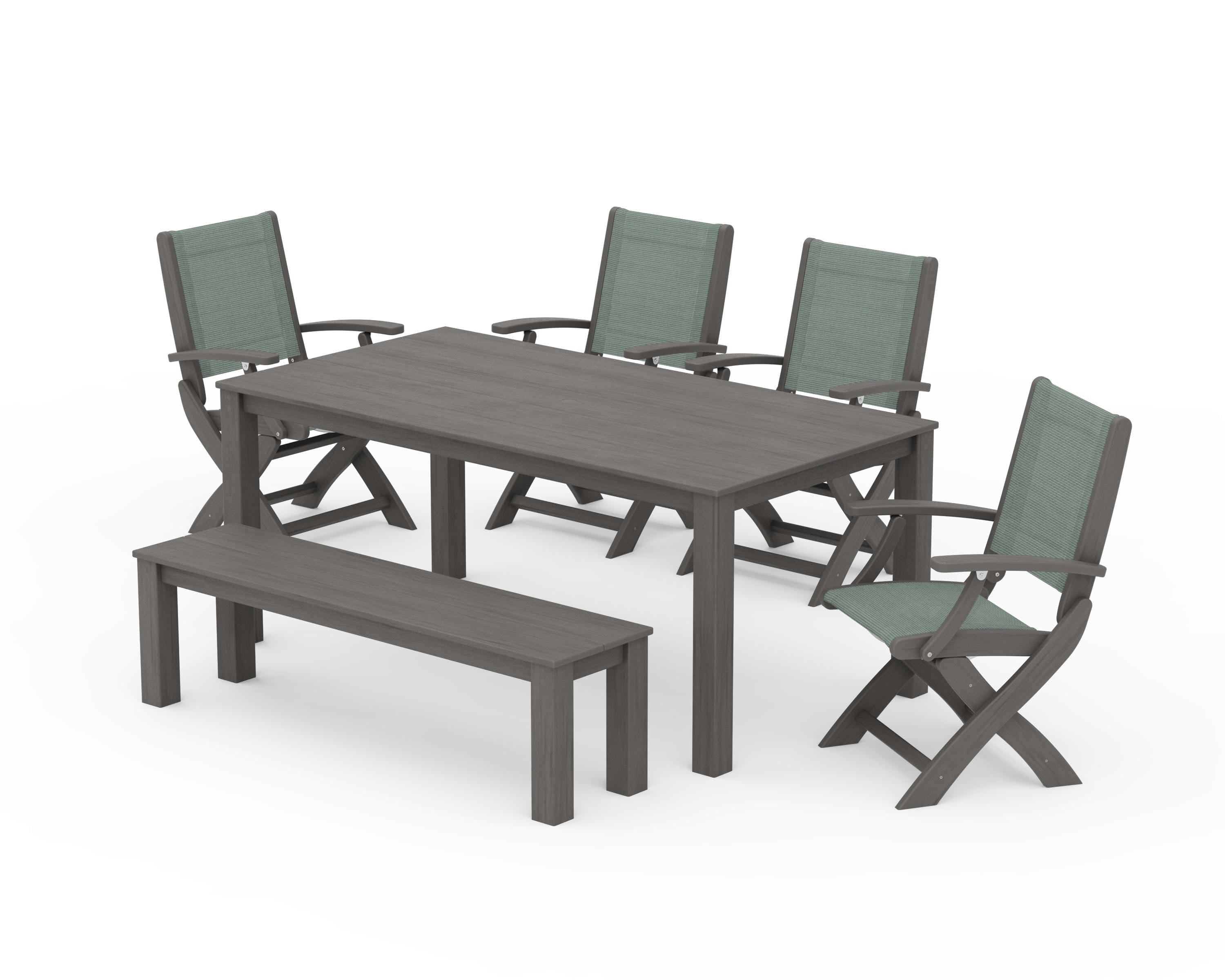 POLYWOOD Coastal Folding Chair 6-Piece Parsons Dining Set with Bench in Driftwood / Dupioni Sea Mist Sling