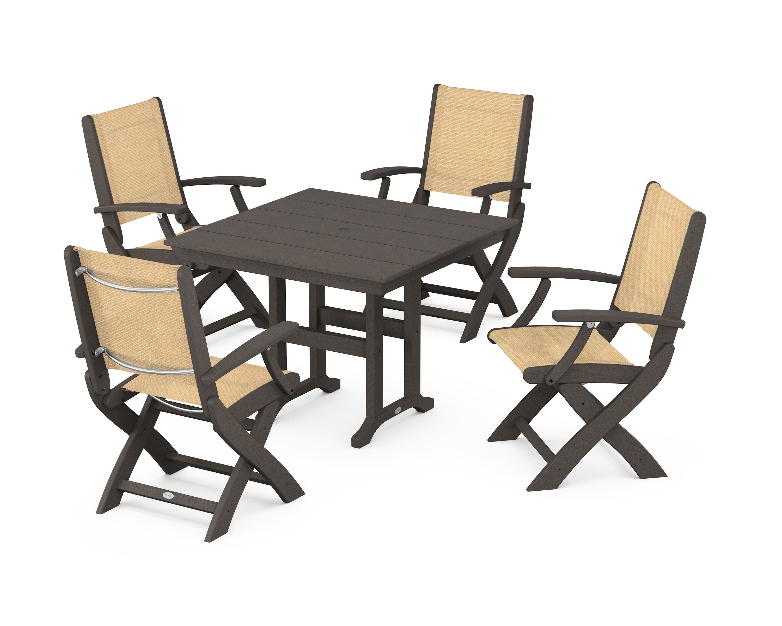 POLYWOOD Coastal Folding Chair 5-Piece Farmhouse Dining Set in Vintage Coffee / Dupioni Apricot Sling