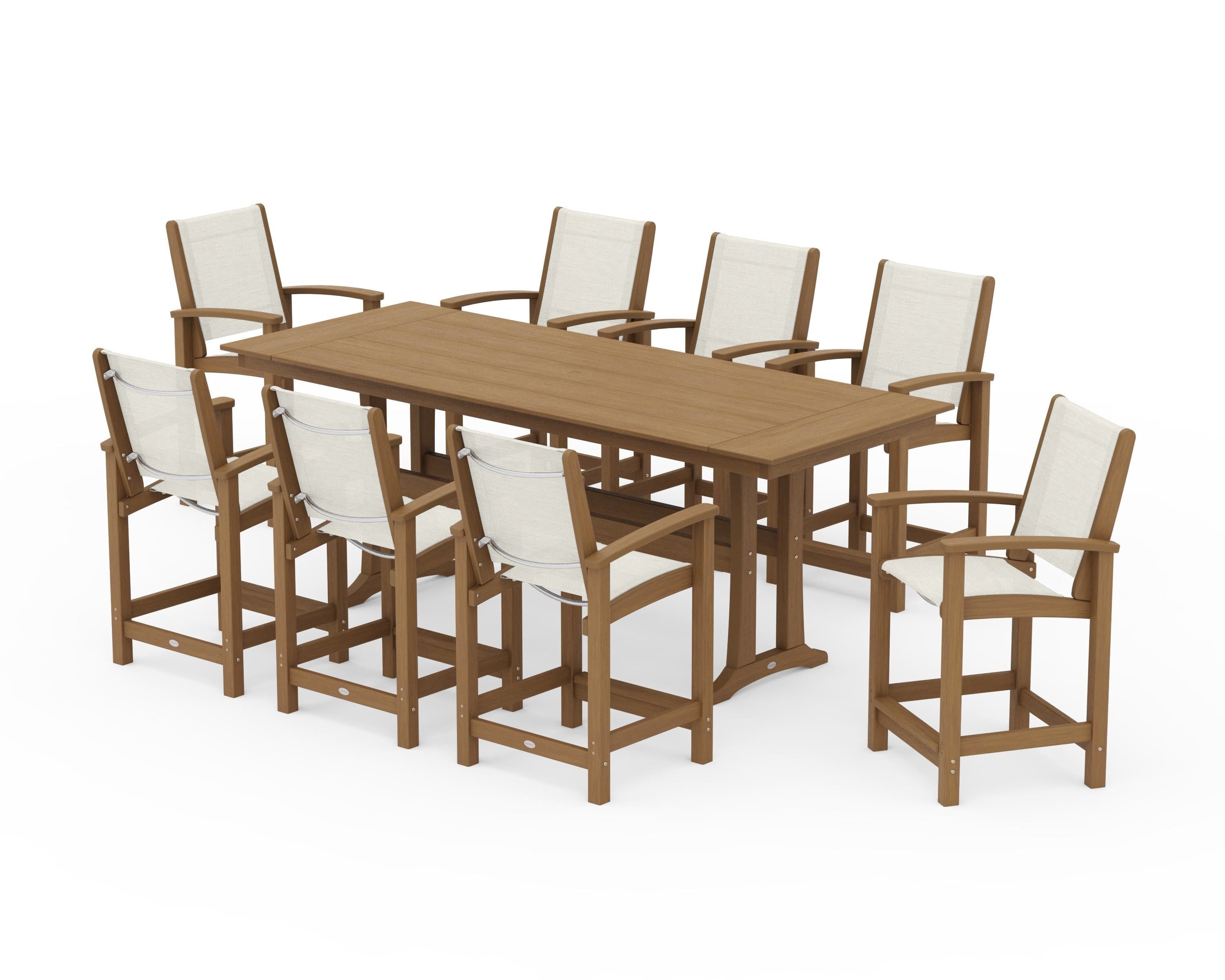 POLYWOOD Coastal 9-Piece Farmhouse Counter Set with Trestle Legs in Natural / Parchment Sling