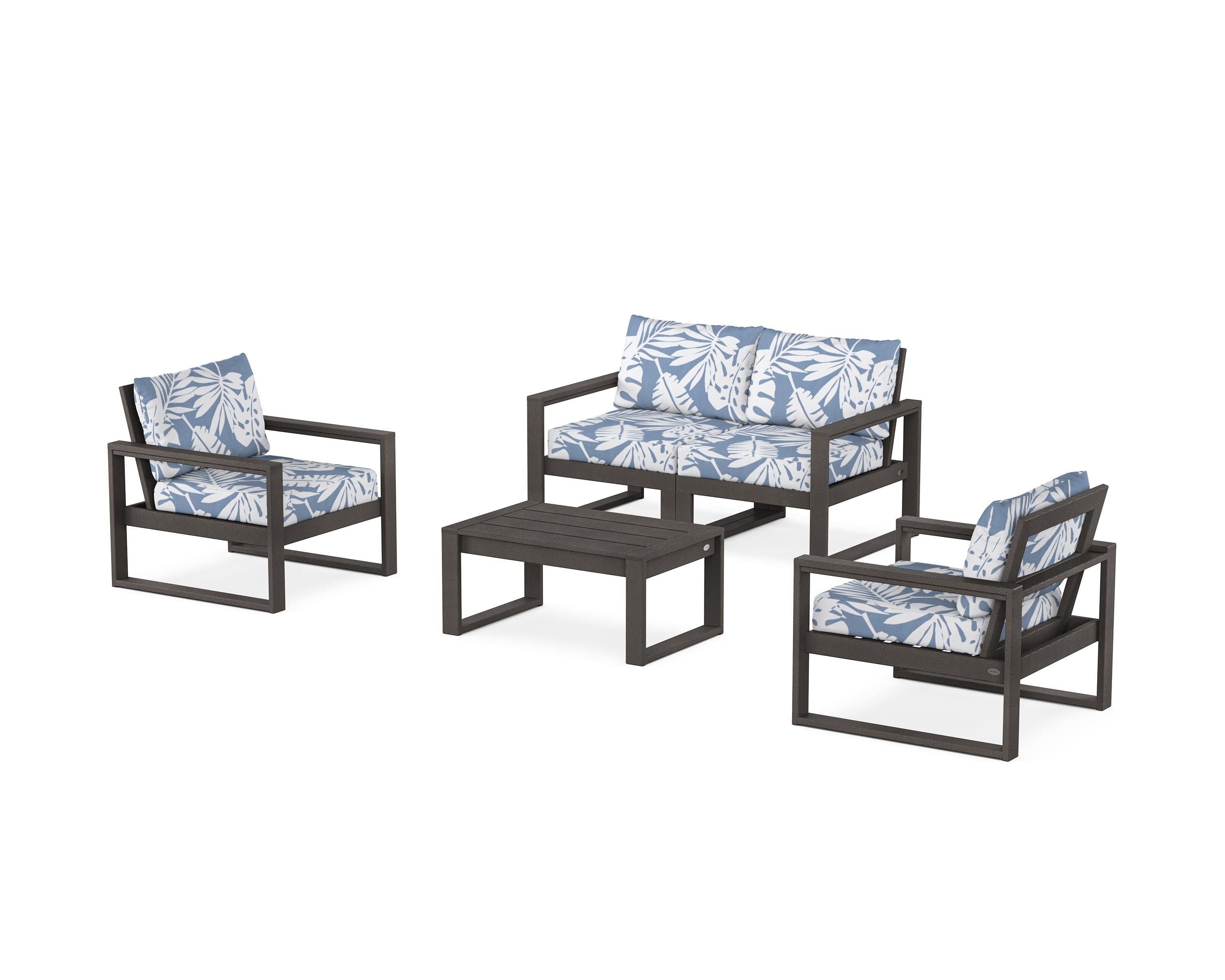 POLYWOOD EDGE Sectional 4-Piece Deep Seating Set with Loveseat in Vintage Coffee / Leaf Sky Blue