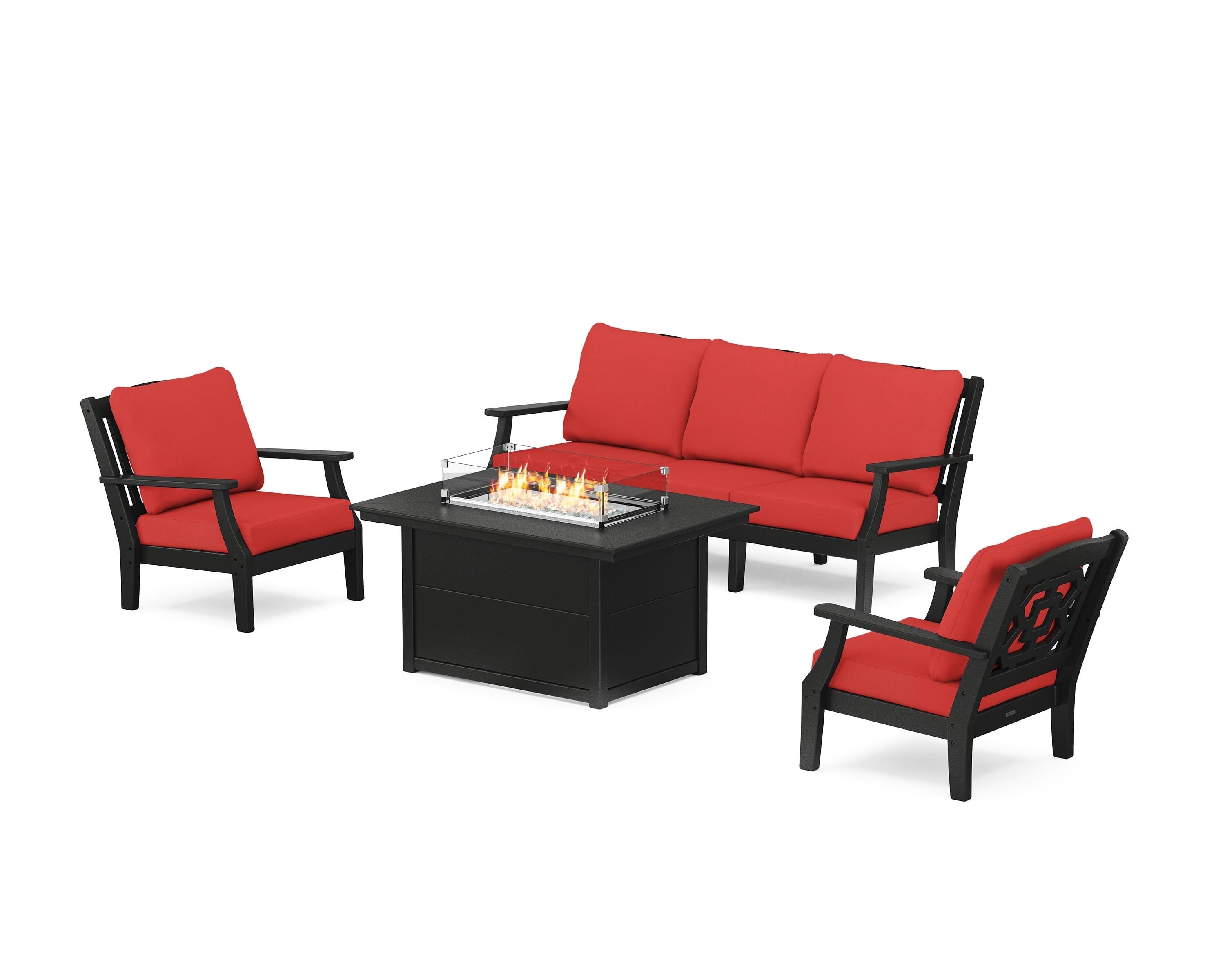 Martha Stewart by POLYWOOD Chinoiserie Deep Seating Fire Pit Table Set in Black / Crimson Linen