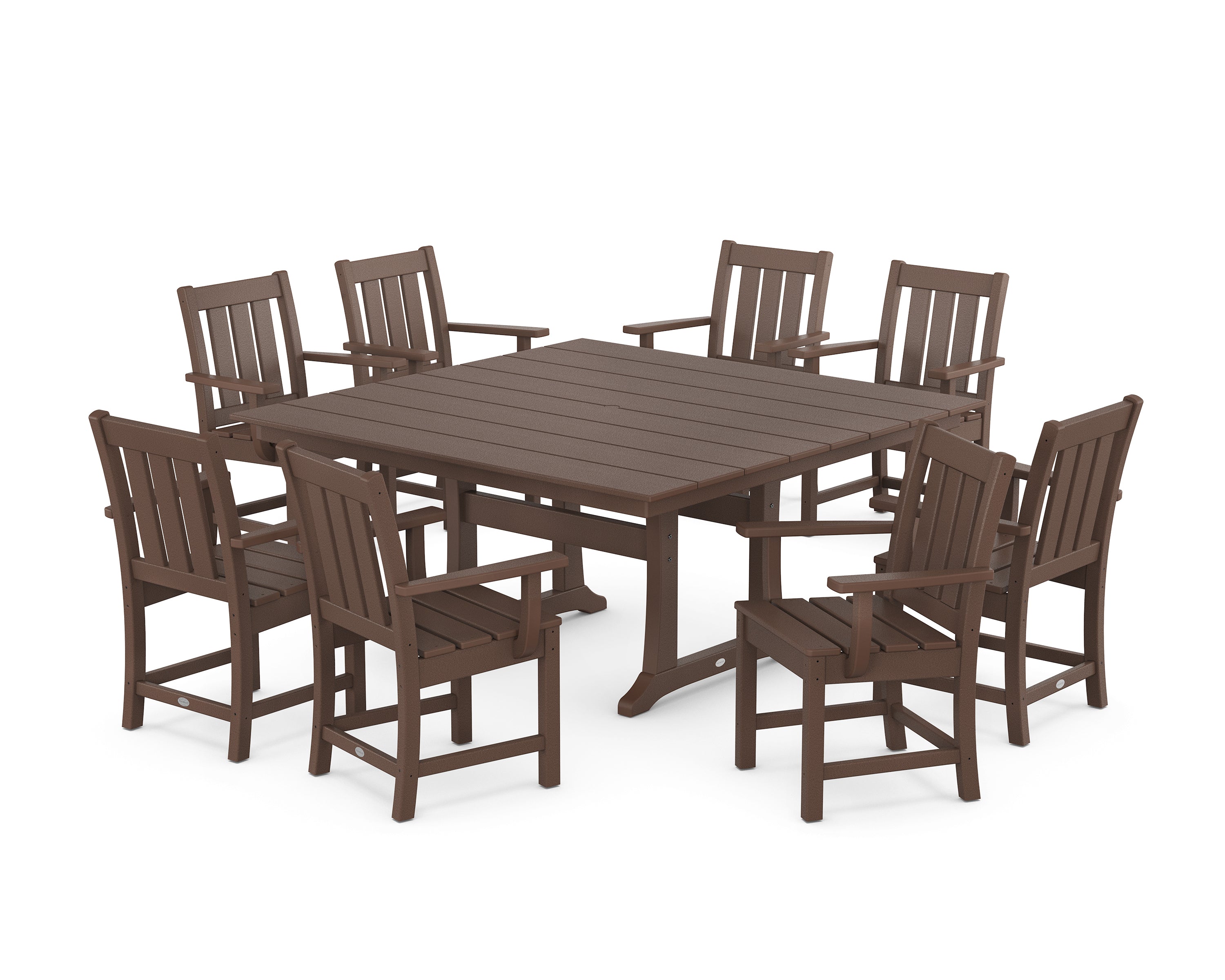 POLYWOOD® Oxford 9-Piece Square Farmhouse Dining Set with Trestle Legs in Mahogany