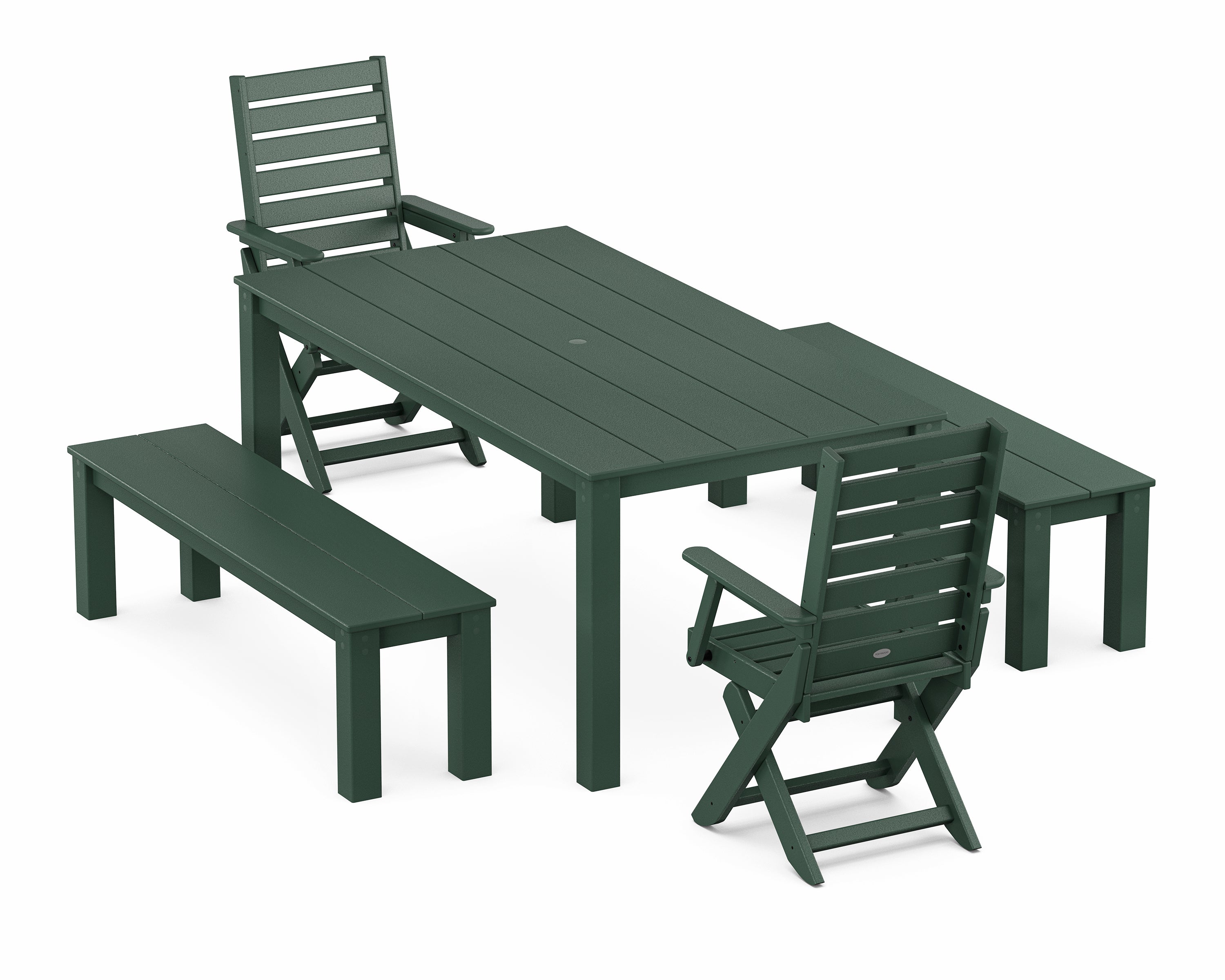 POLYWOOD® Captain Folding Chair 5-Piece Parsons Dining Set with Benches in Green