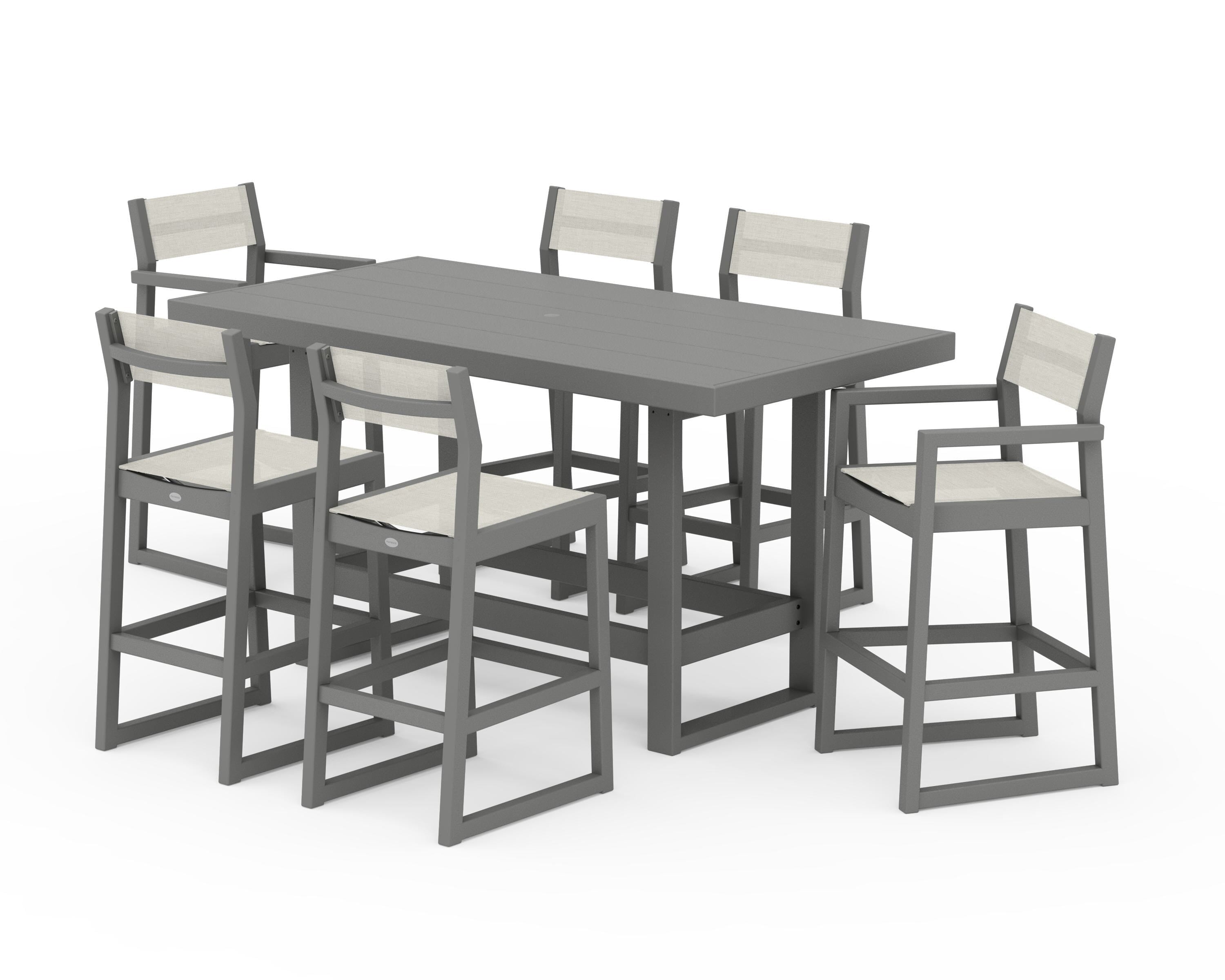 POLYWOOD EDGE Sling 7-Piece Bar Table Set in Slate Grey / Parchment Sling
