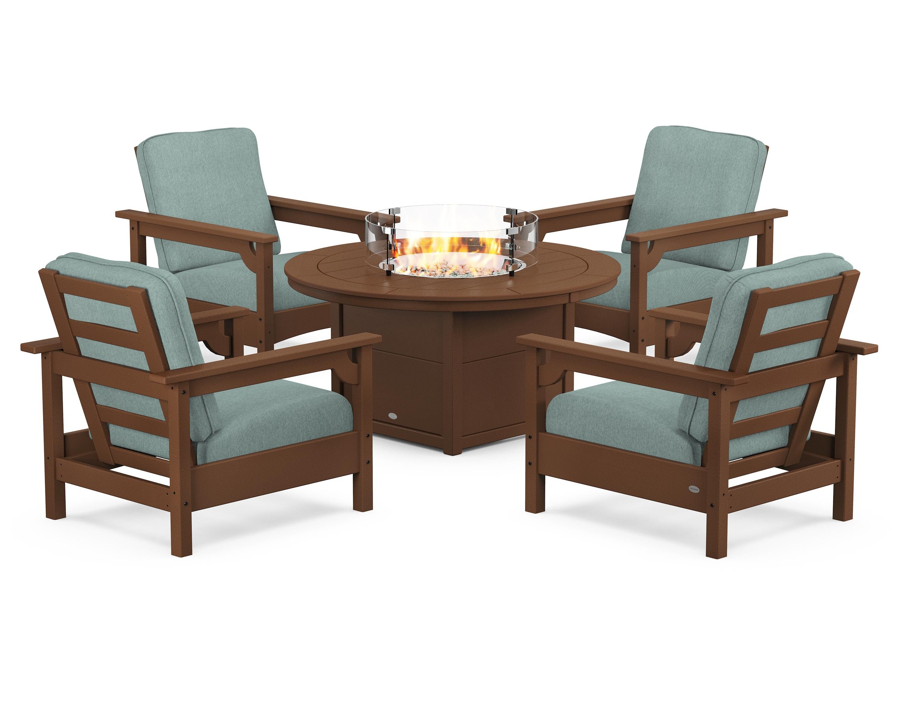 POLYWOOD Club 5-Piece Conversation Set with Fire Pit Table in Teak / Glacier Spa