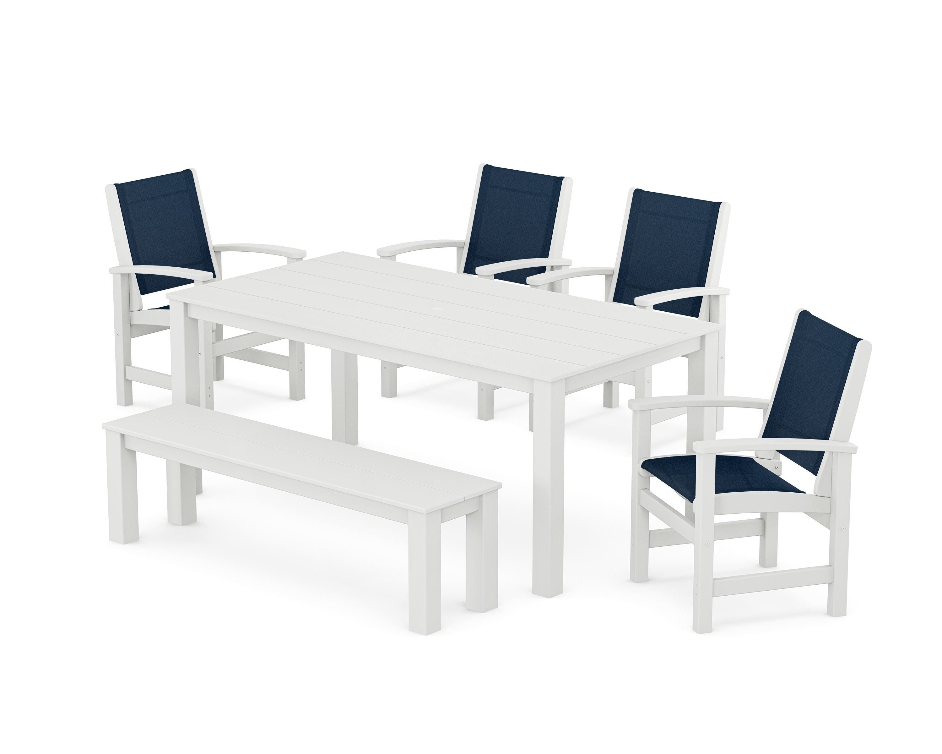 POLYWOOD Coastal 6-Piece Parsons Dining Set with Bench in White / Navy Blue Sling