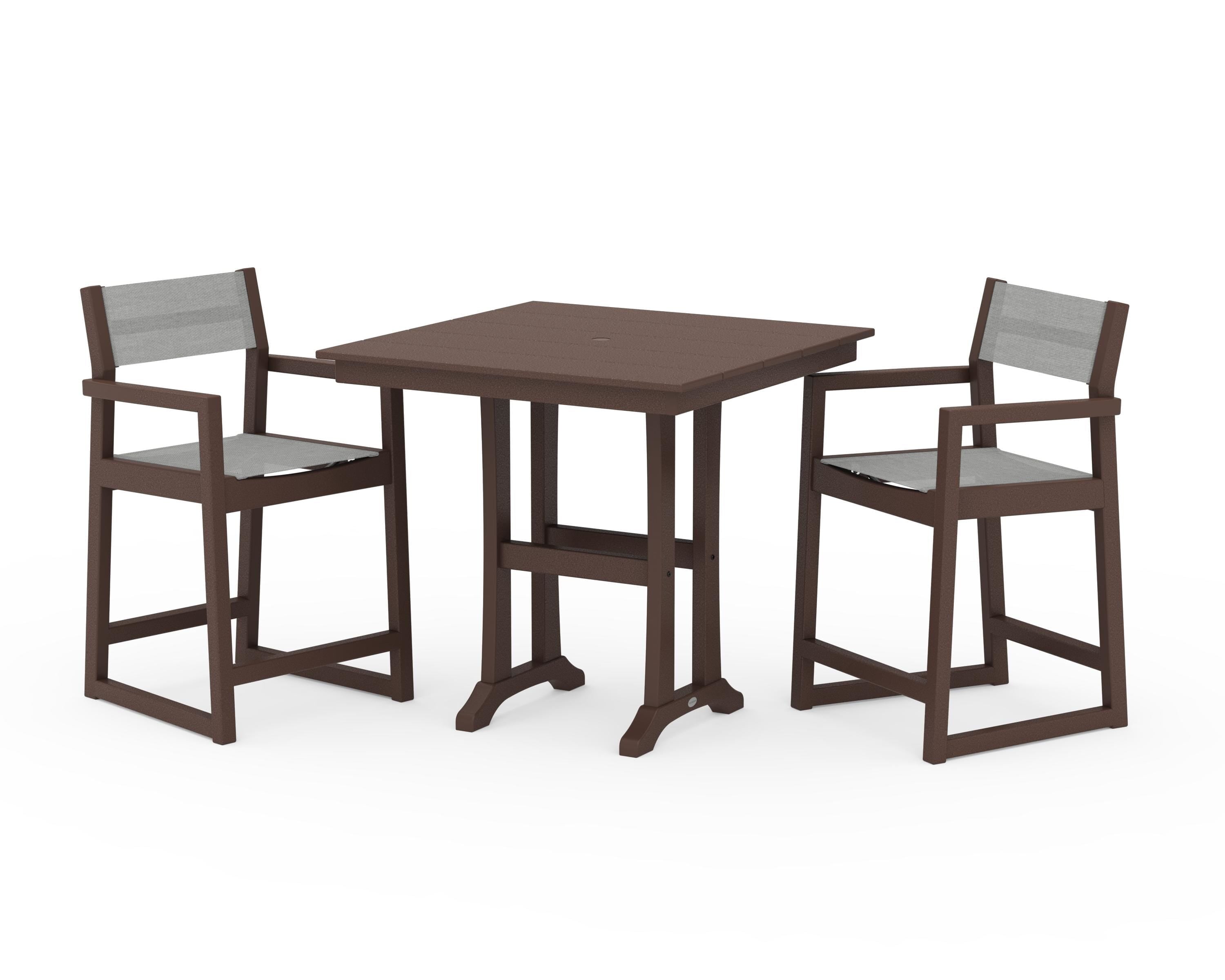 POLYWOOD EDGE Sling Arm Chair 3-Piece Farmhouse Counter Set with Trestle Legs in Mahogany / Metallic Sling
