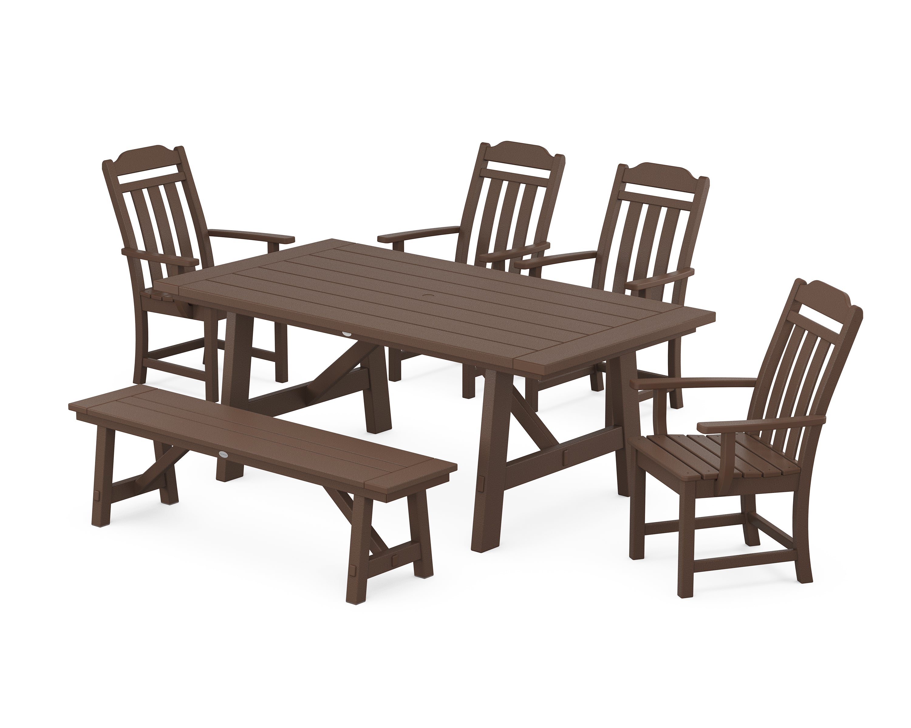 Polywood Country Living 6-Piece Rustic Farmhouse Dining Set with Bench in Mahogany