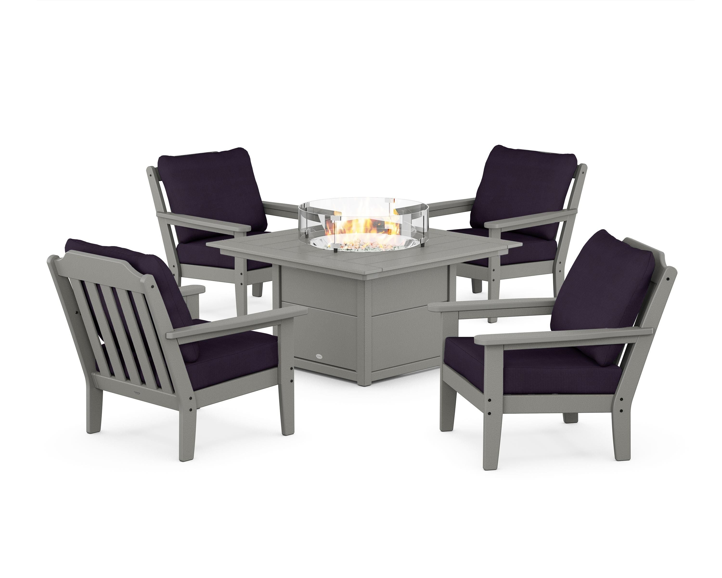 Country Living Cottage 5-Piece Deep Seating Set with Fire Pit Table in Slate Grey / Navy Linen