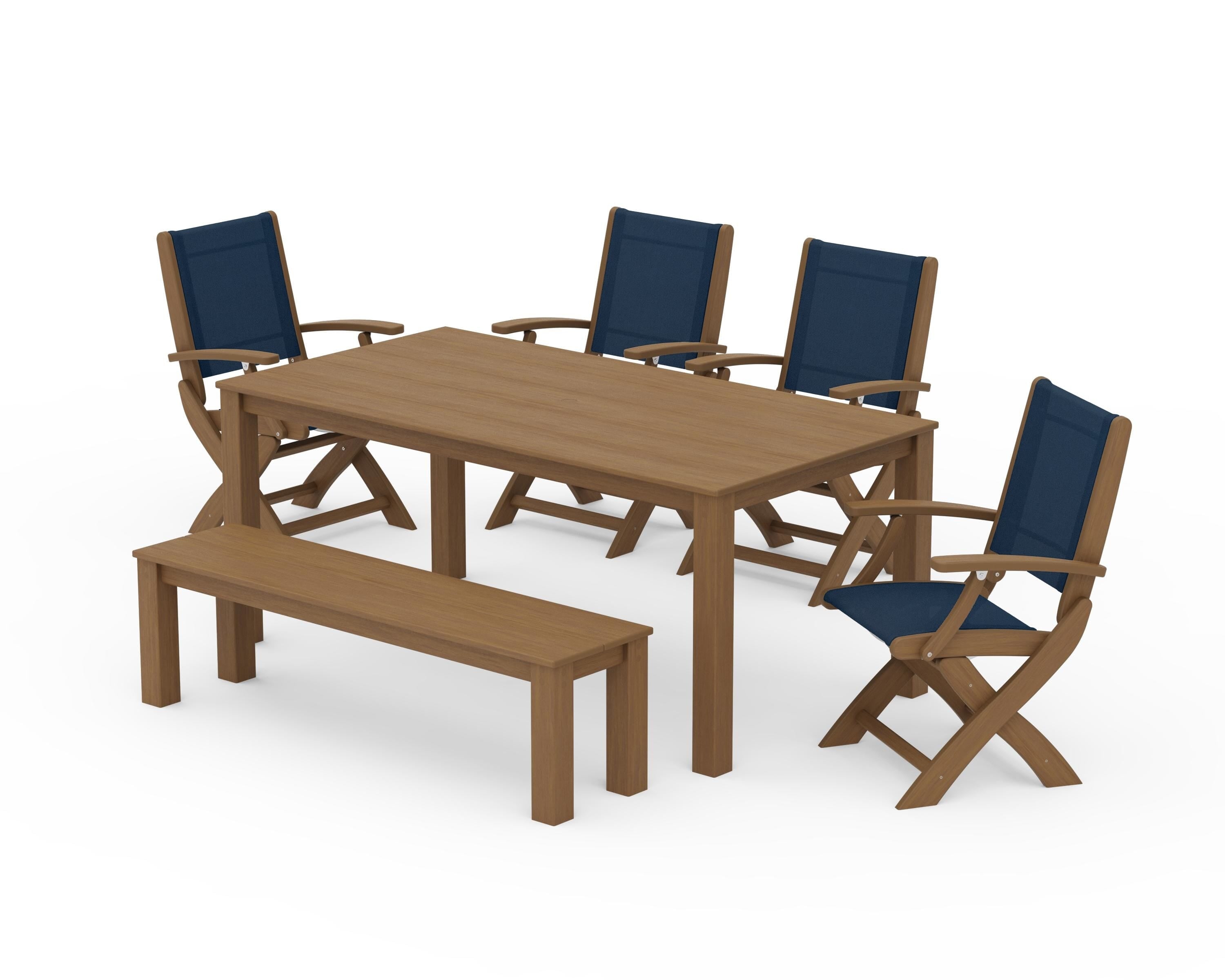 POLYWOOD Coastal Folding Chair 6-Piece Parsons Dining Set with Bench in Natural / Navy Blue Sling
