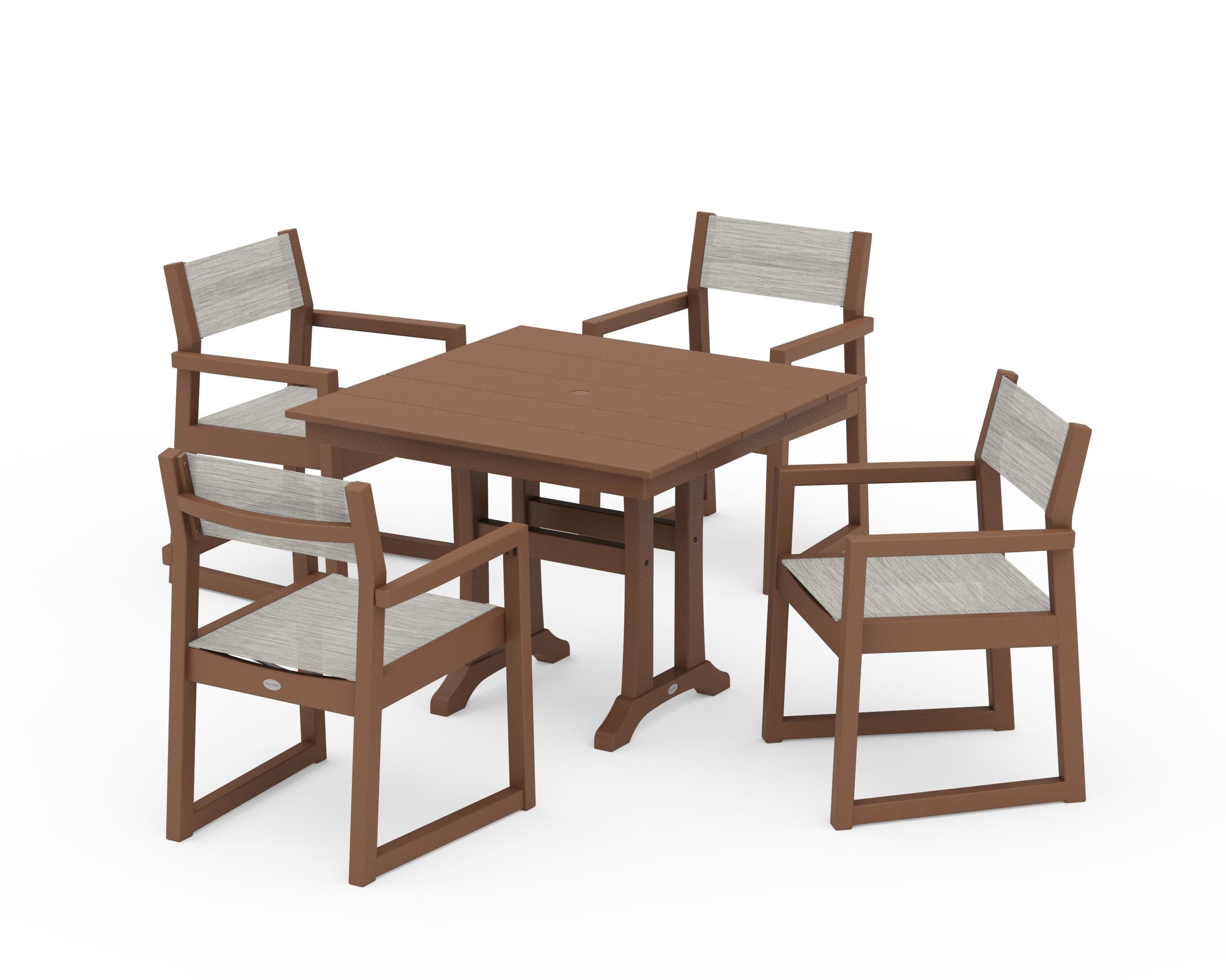 POLYWOOD EDGE Sling 5-Piece Farmhouse Dining Set with Trestle Legs in Teak / Birch Sling