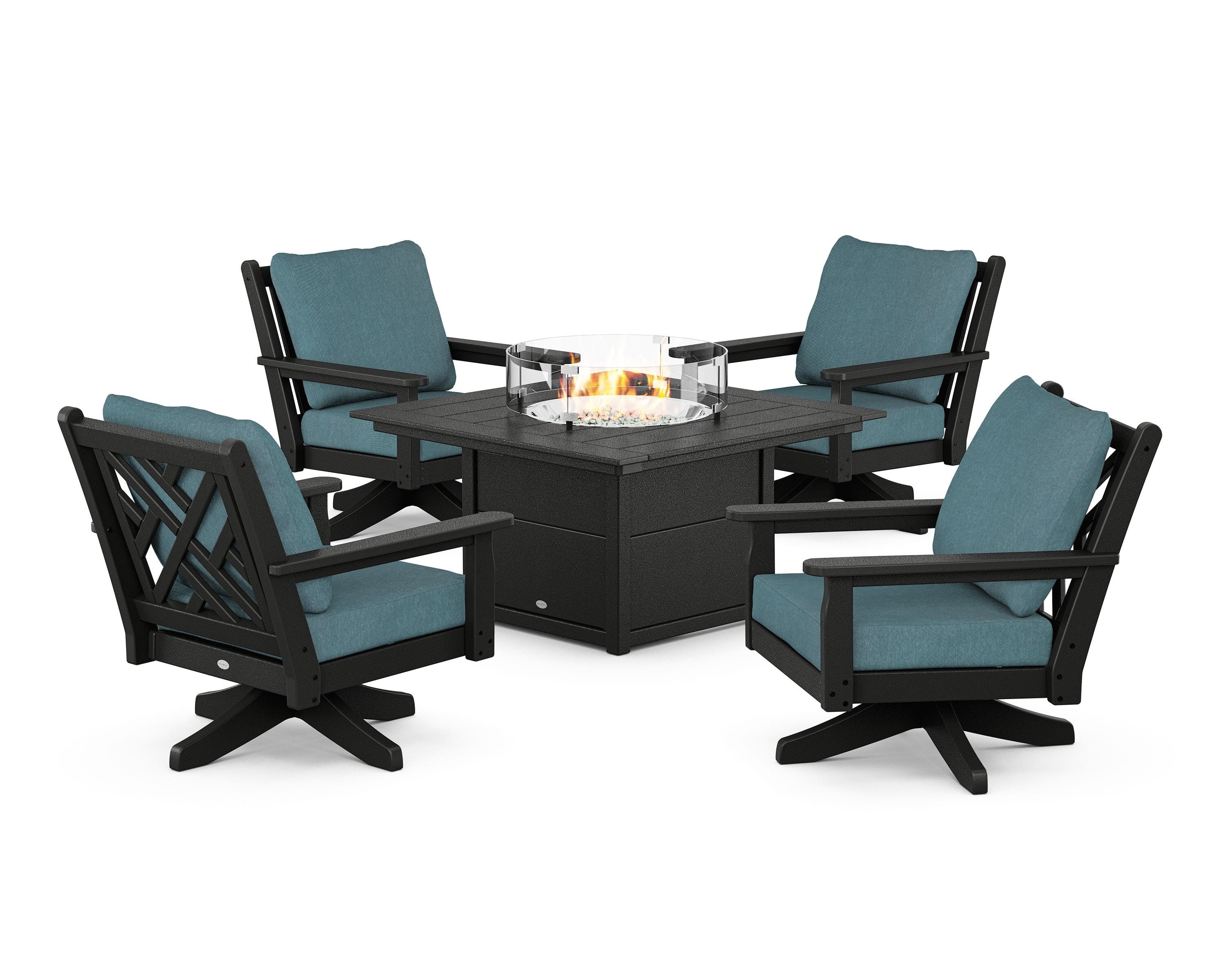POLYWOOD Chippendale 5-Piece Deep Seating Swivel Conversation Set with Fire Pit Table in Black / Ocean Teal