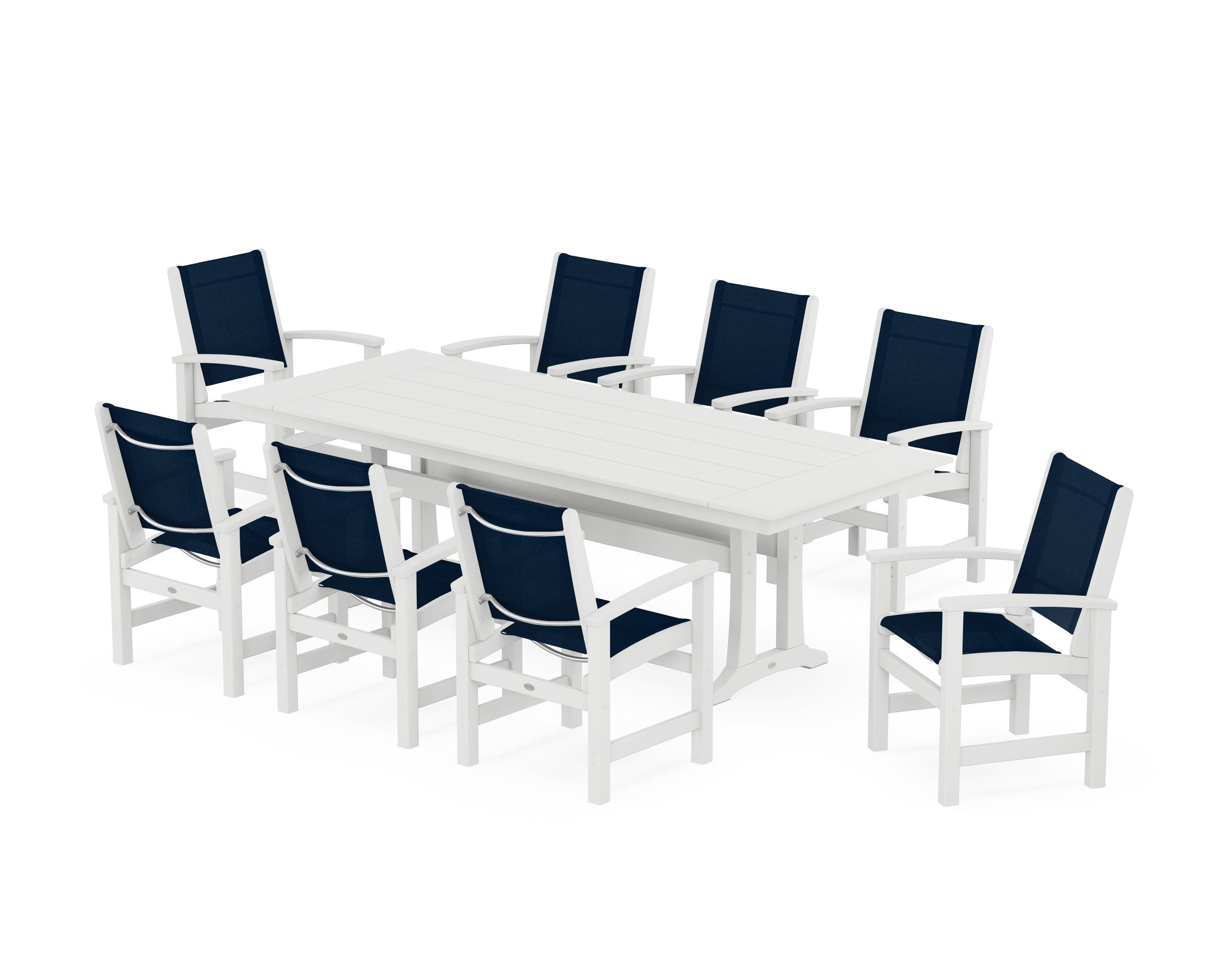 POLYWOOD Coastal 9-Piece Farmhouse Dining Set with Trestle Legs in White / Navy Blue Sling