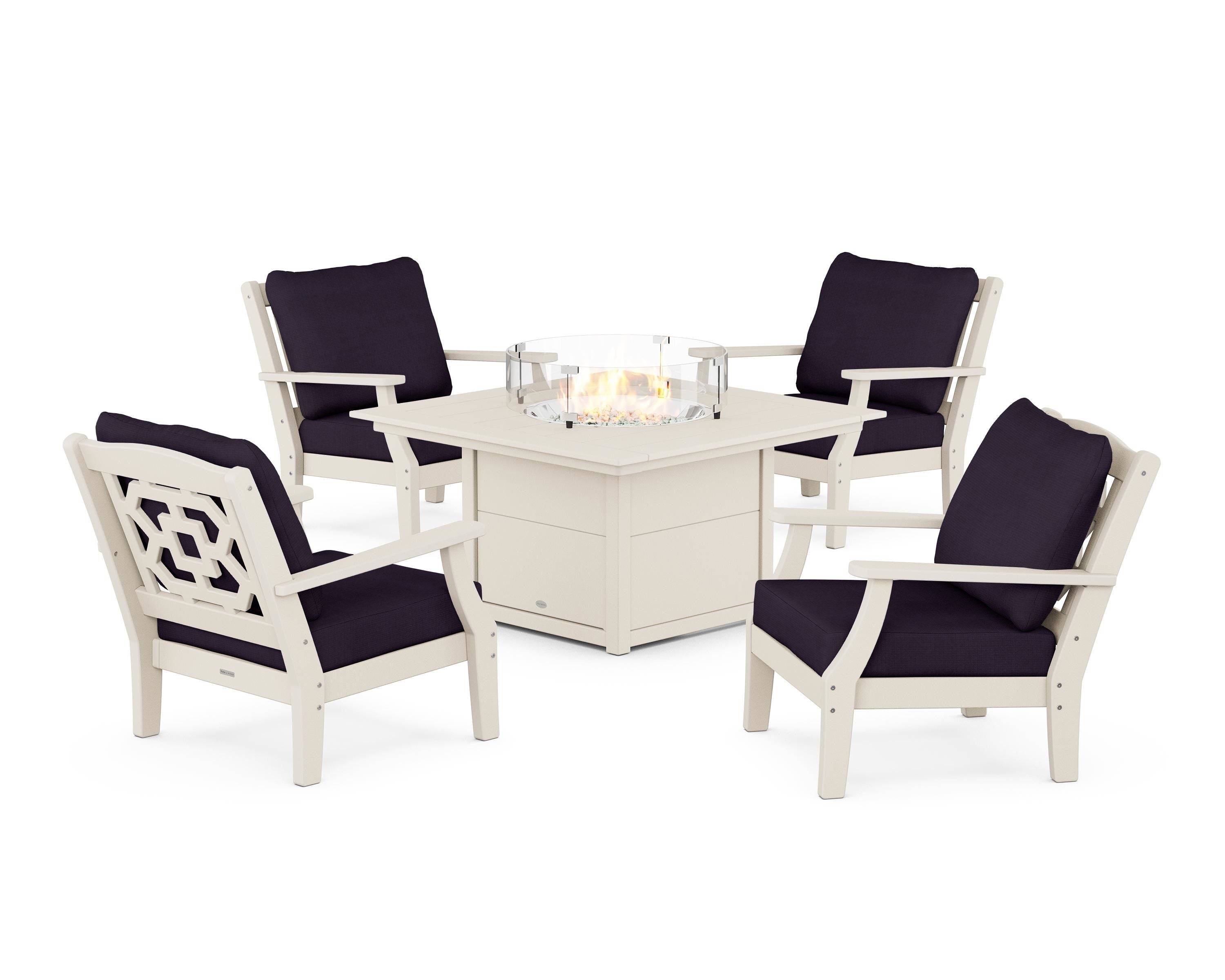 Martha Stewart by POLYWOOD Chinoiserie 5-Piece Deep Seating Set with Fire Pit Table in Sand / Navy Linen