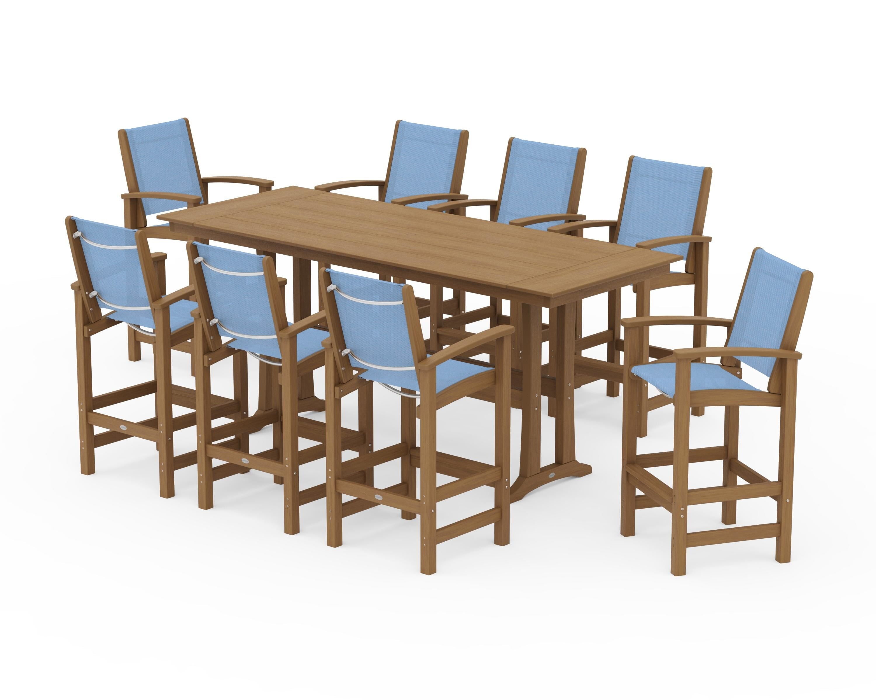 POLYWOOD Coastal 9-Piece Farmhouse Bar Set with Trestle Legs in Natural / Poolside Sling