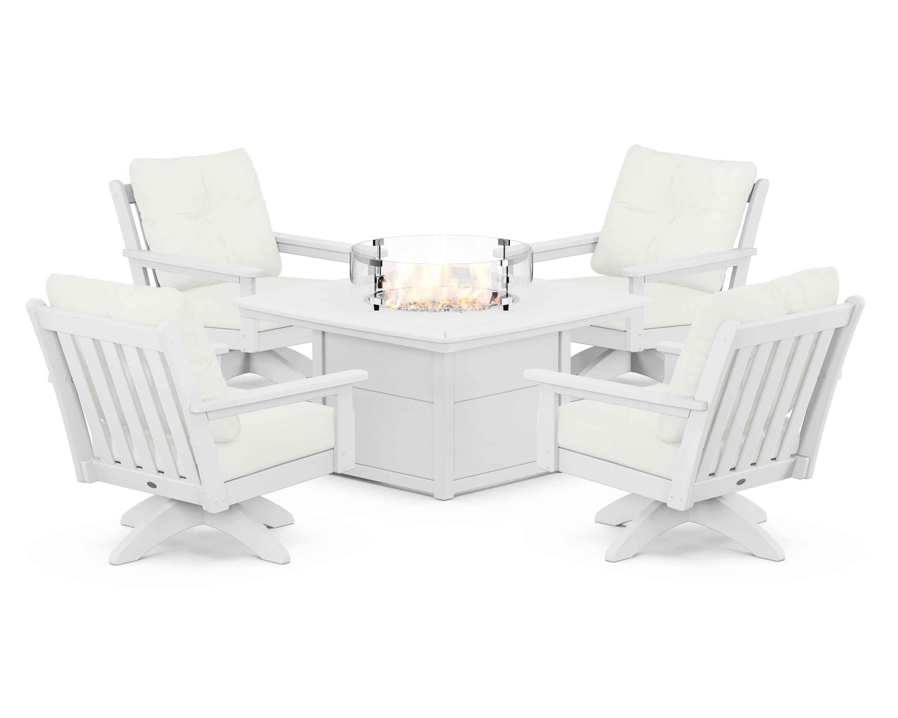 POLYWOOD Vineyard 5-Piece Deep Seating Swivel Conversation Set with Fire Pit Table in White / Natural Linen