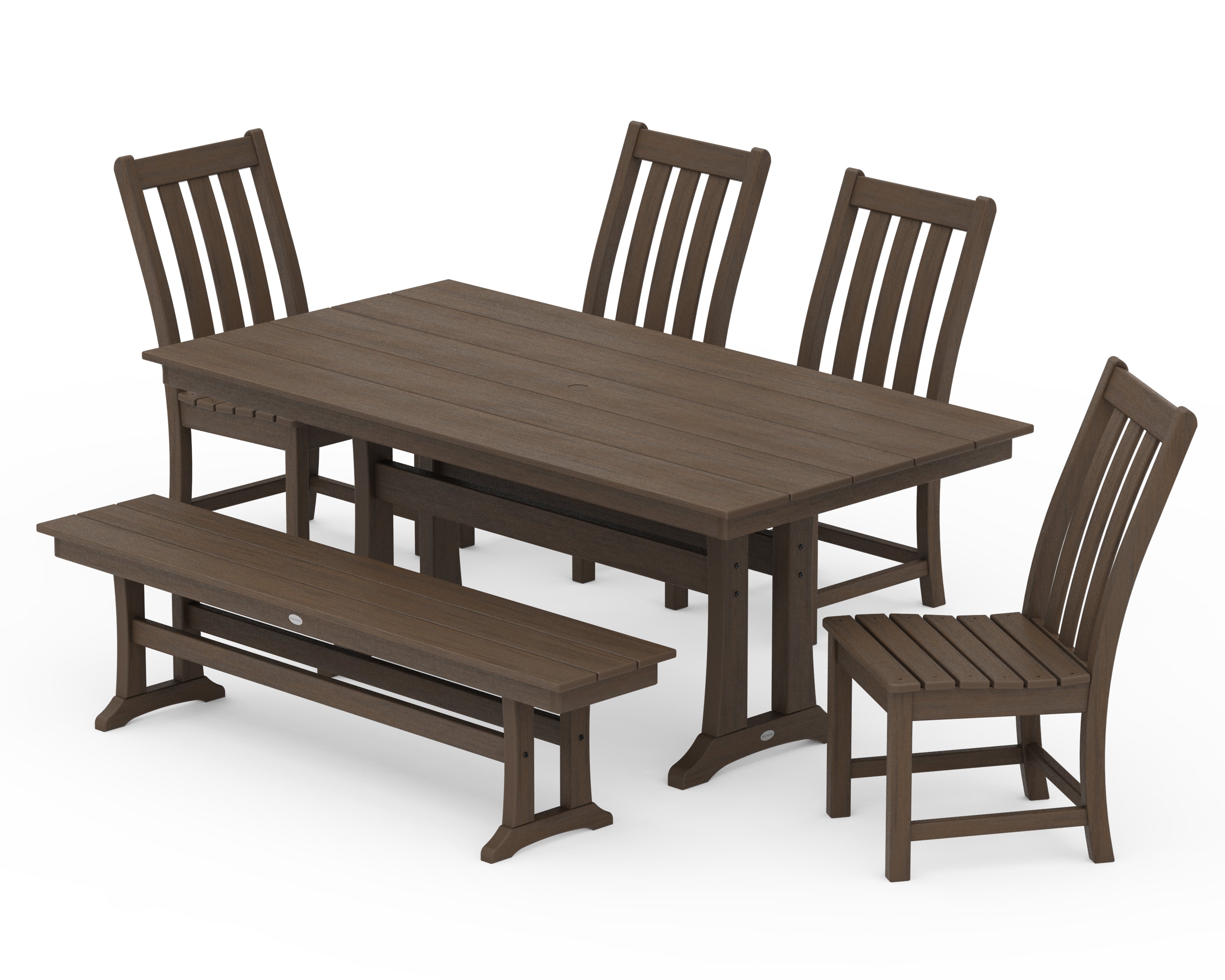 POLYWOOD Vineyard Side Chair 6-Piece Farmhouse Dining Set with Trestle Legs and Bench in Kona