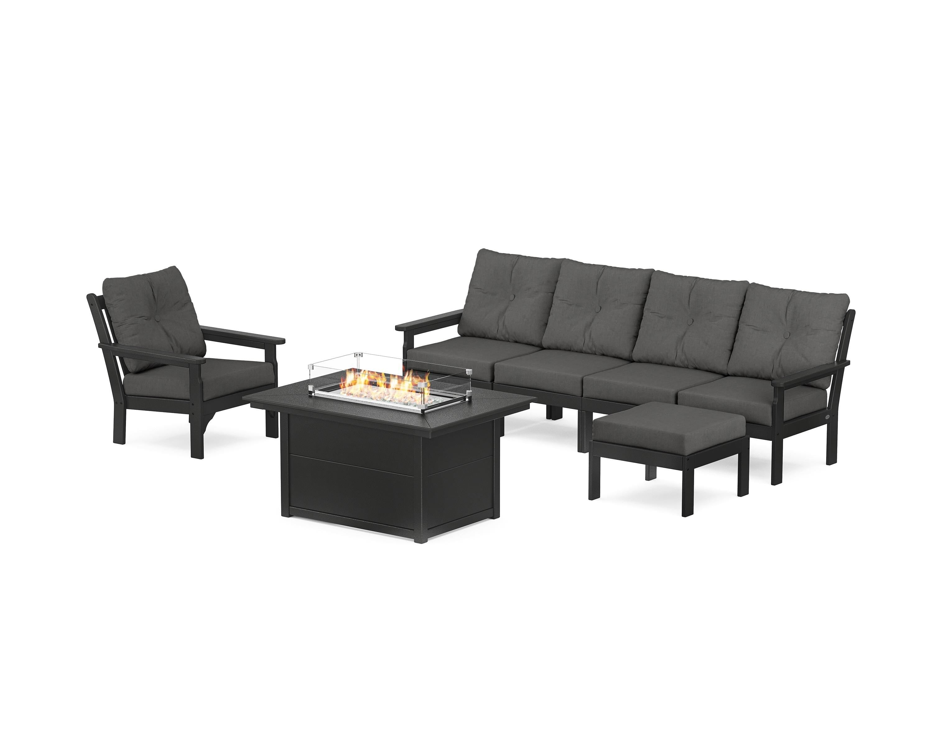 POLYWOOD Vineyard Sectional Lounge and Fire Pit Set in Black / Spectrum Carbon