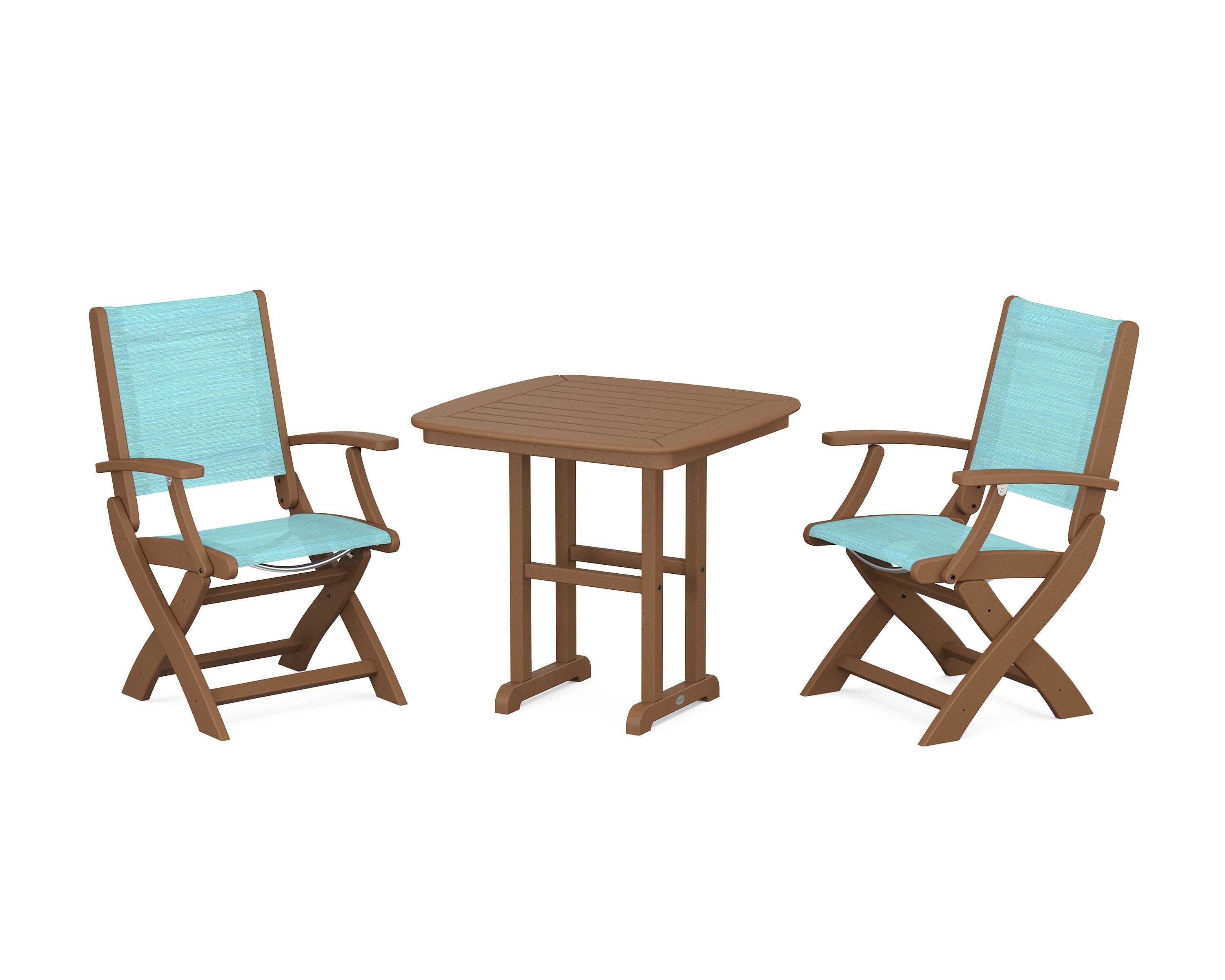 POLYWOOD Coastal Folding Chair 3-Piece Dining Set in Teak / Dupioni Aquamarine Sling