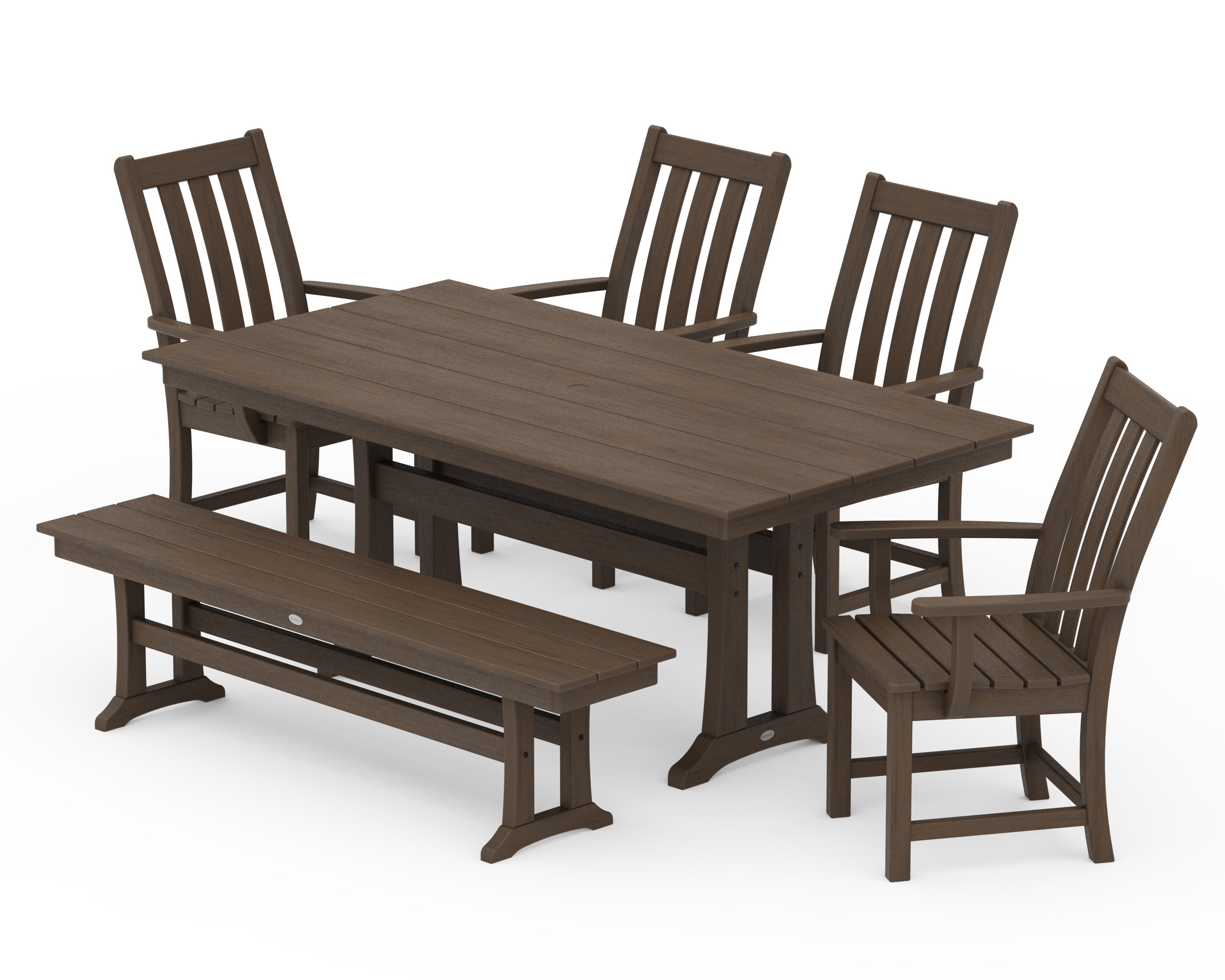 POLYWOOD Vineyard 6-Piece Arm Chair Farmhouse Dining Set with Trestle Legs and Bench in Kona