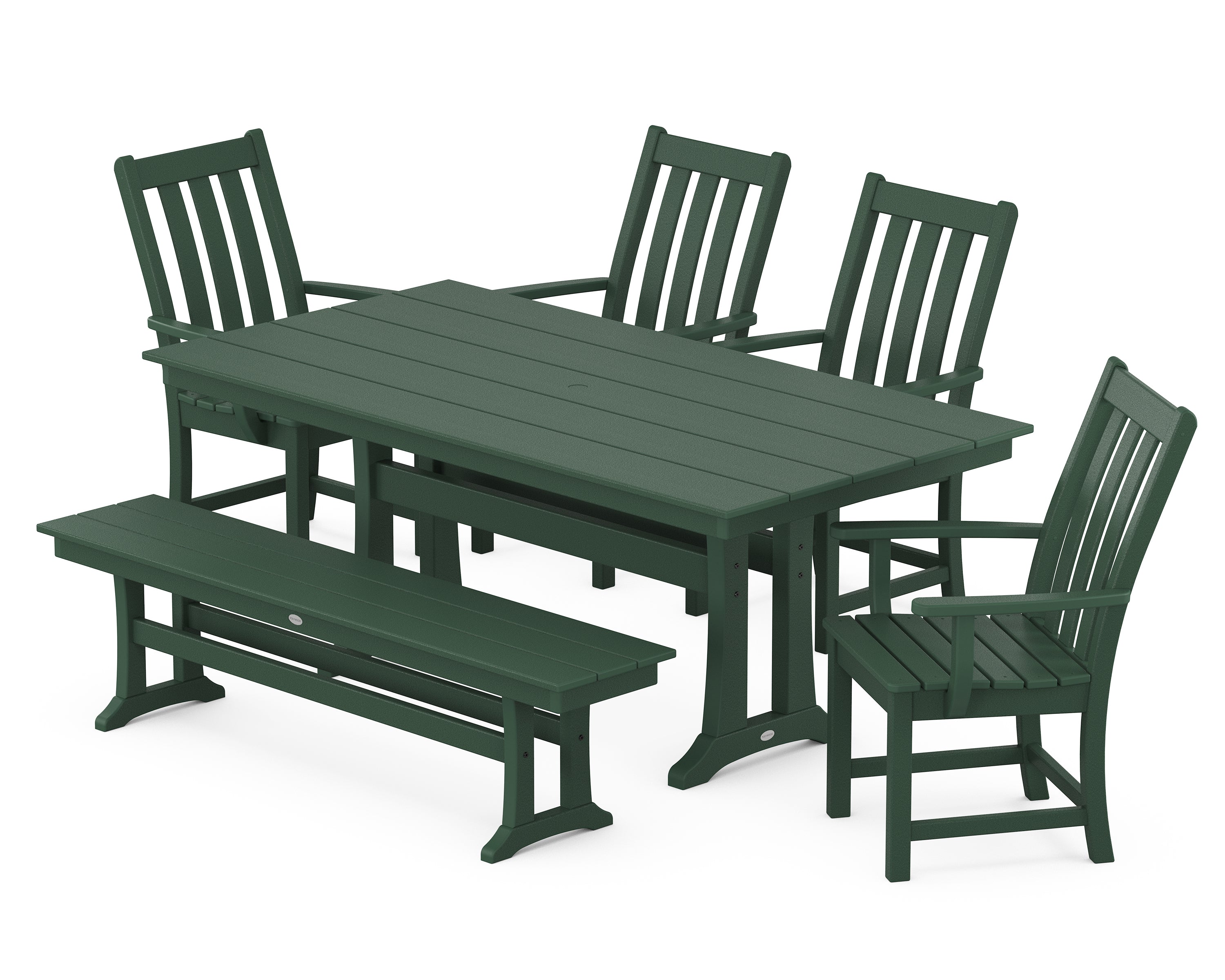 POLYWOOD® Vineyard 6-Piece Arm Chair Farmhouse Dining Set with Trestle Legs and Bench in Green