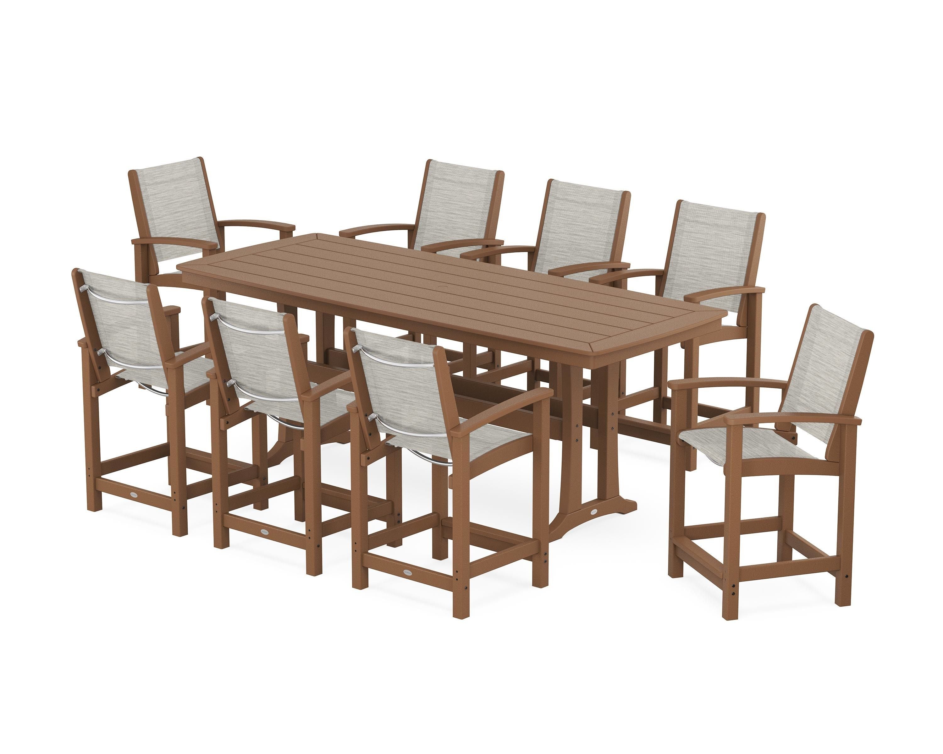 POLYWOOD Coastal 9-Piece Counter Set with Trestle Legs in Teak / Birch Sling