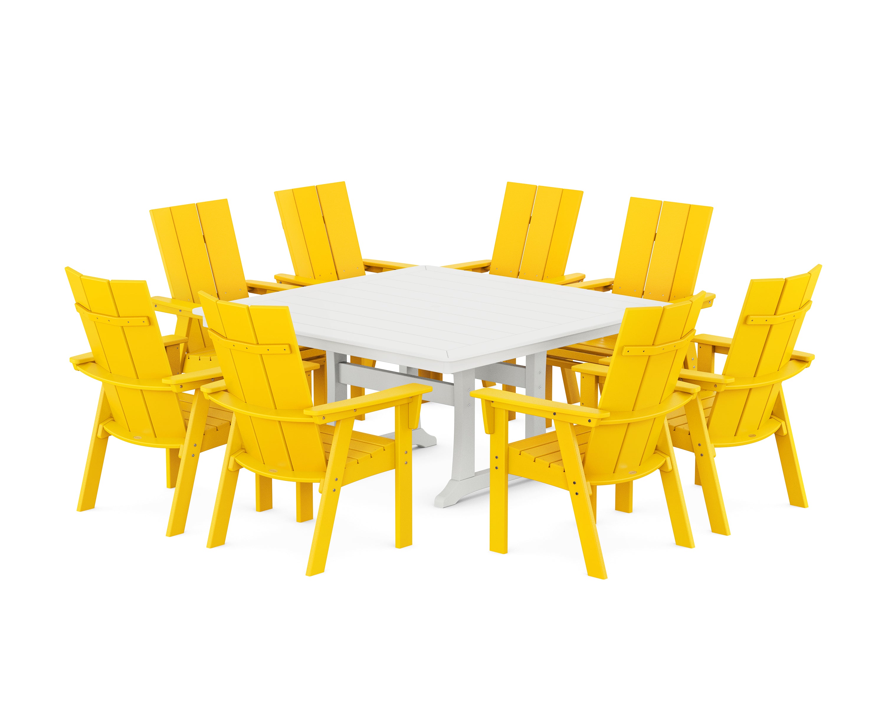 POLYWOOD Modern Curveback Adirondack 9-Piece Square Dining Set with Trestle Legs in Lemon / White