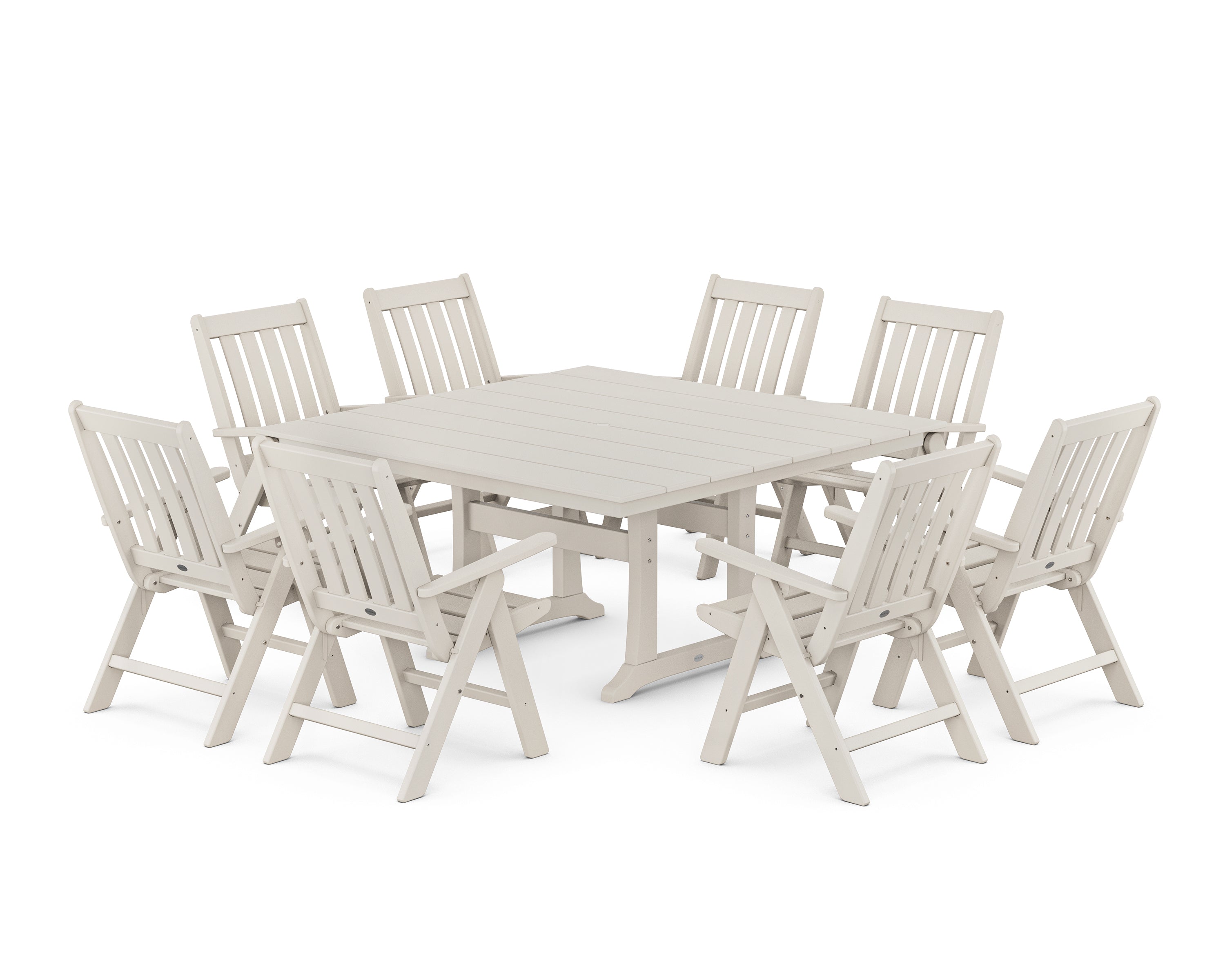 POLYWOOD Vineyard Folding Chair 9-Piece Square Farmhouse Dining Set with Trestle Legs in Sand