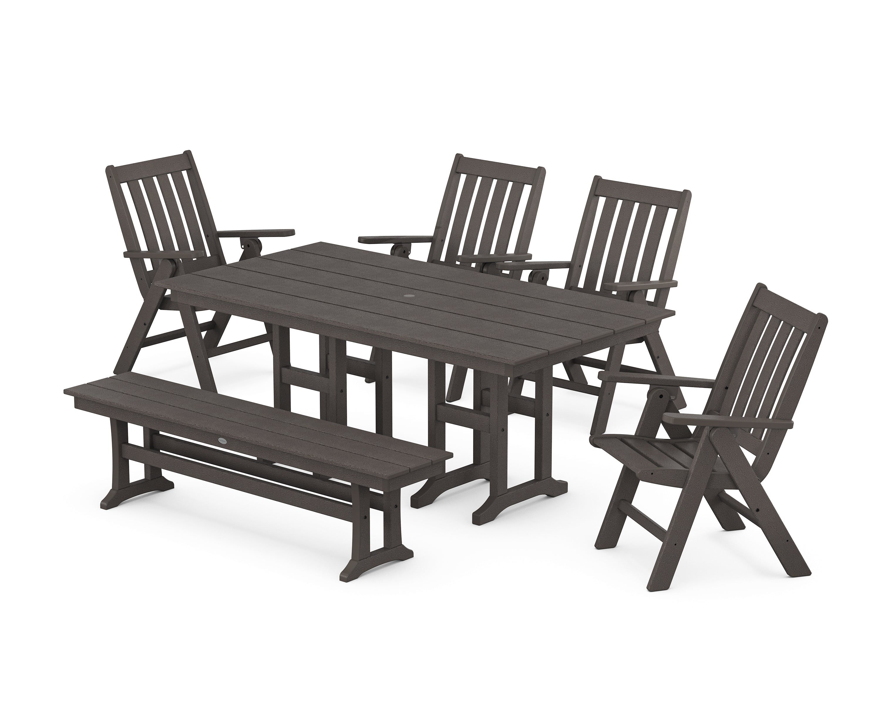 POLYWOOD Vineyard Folding Chair 6-Piece Farmhouse Dining Set with Bench in Vintage Coffee