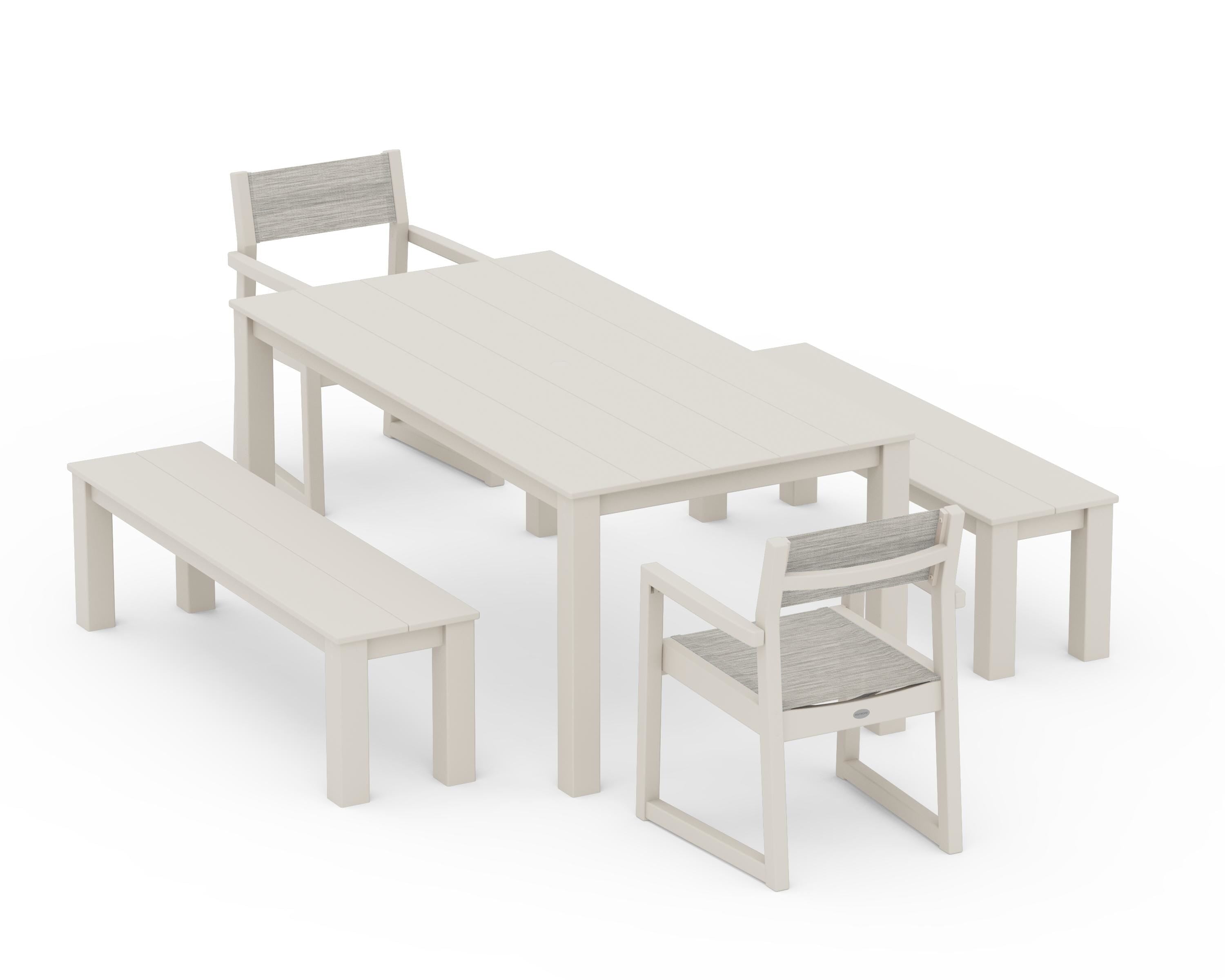 POLYWOOD EDGE Sling Arm Chair 5-Piece Parsons Dining Set with Benches in Sand / Birch Sling