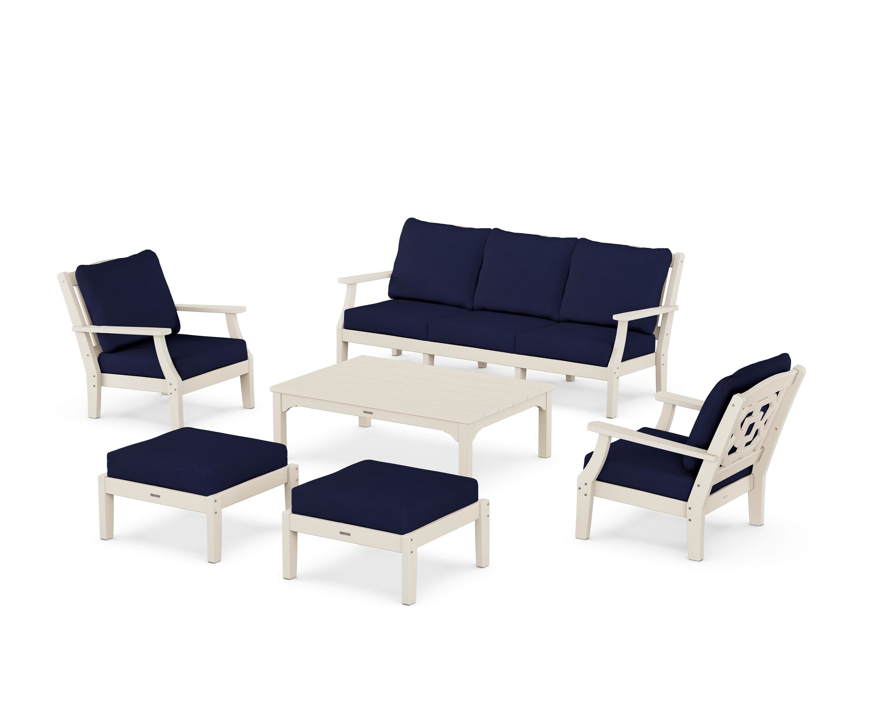 Martha Stewart by POLYWOOD Chinoiserie 6-Piece Lounge Sofa Set in Sand / Navy