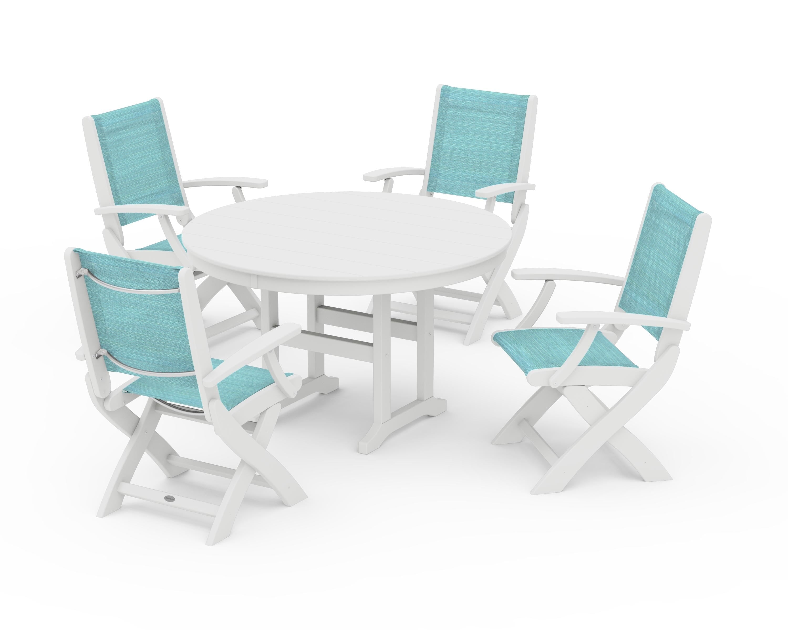 POLYWOOD Coastal Folding Chair 5-Piece Round Dining Set in White / Dupioni Aquamarine Sling