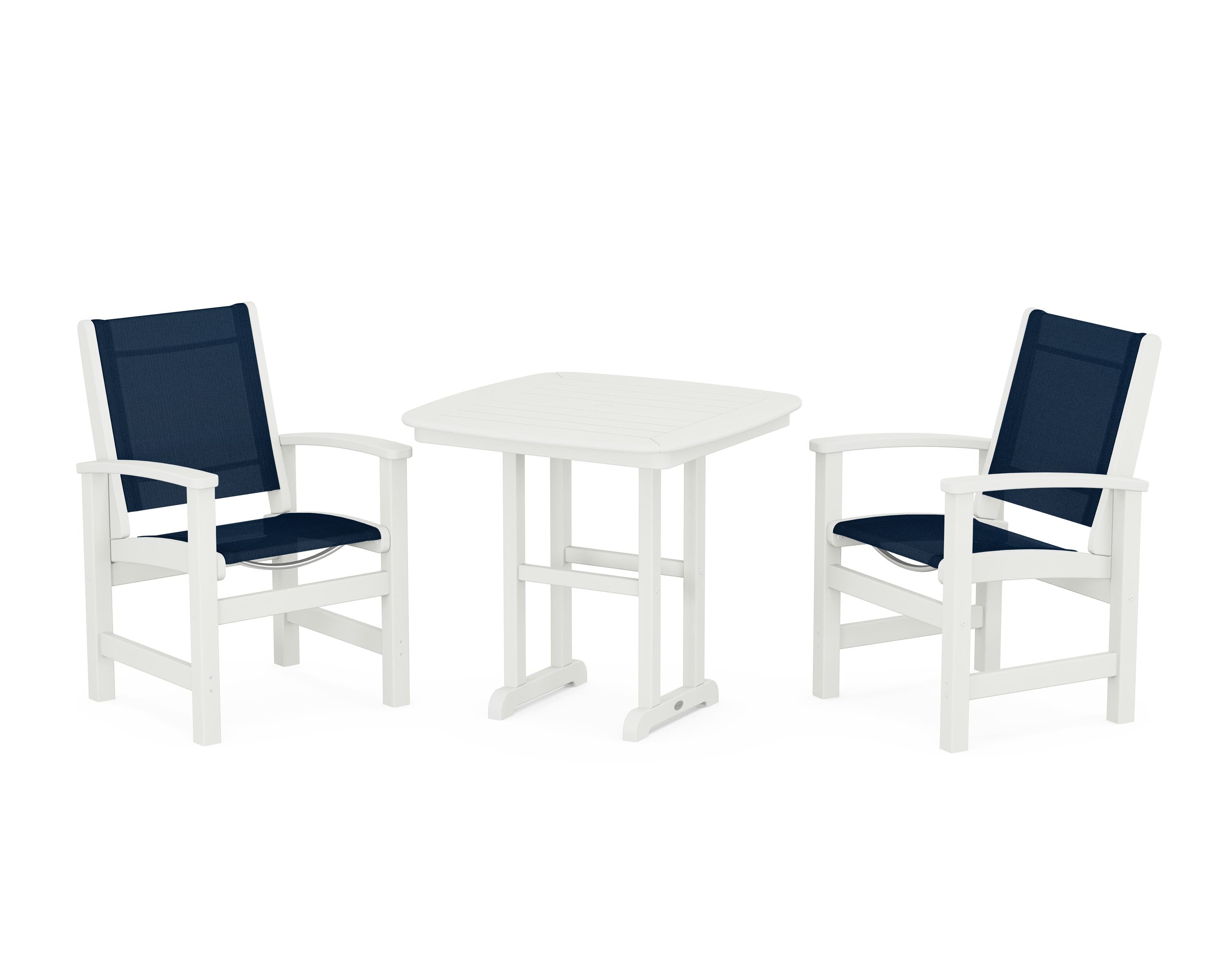 POLYWOOD Coastal 3-Piece Dining Set in Vintage White / Navy Blue Sling