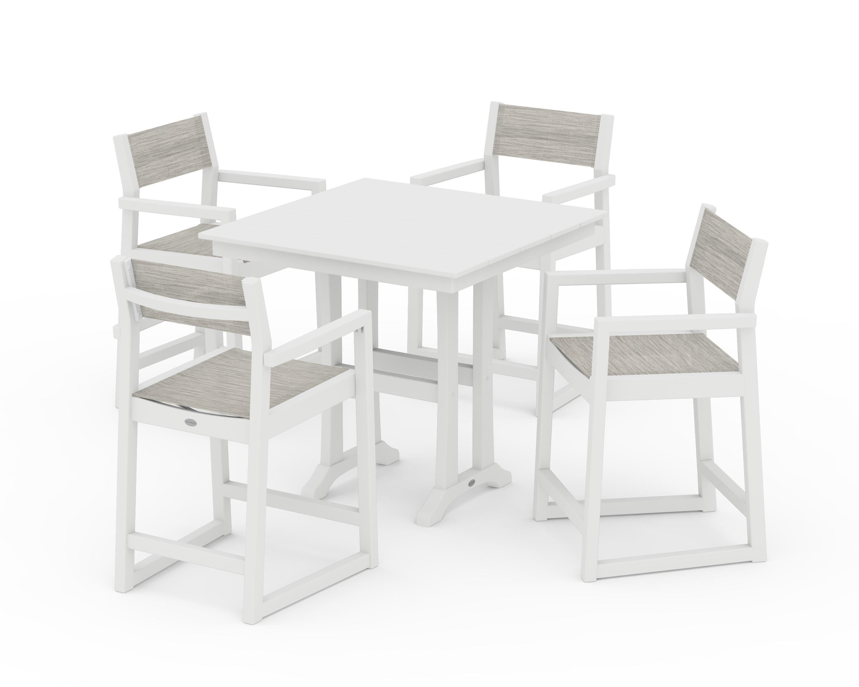 POLYWOOD EDGE Sling Arm Chair 5-Piece Farmhouse Counter Set with Trestle Legs in White / Birch Sling