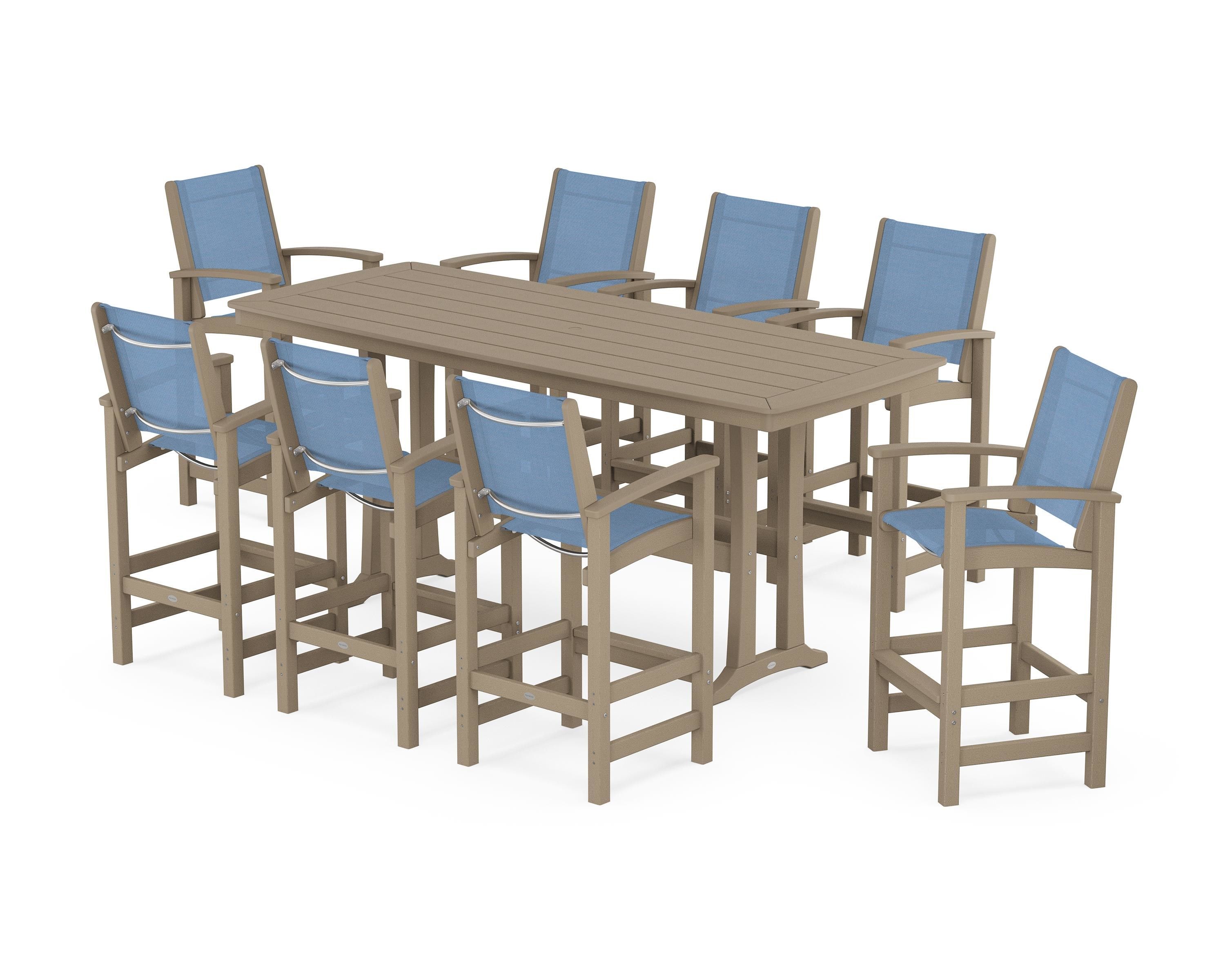 POLYWOOD Coastal 9-Piece Bar Set with Trestle Legs in Vintage Sahara / Poolside Sling