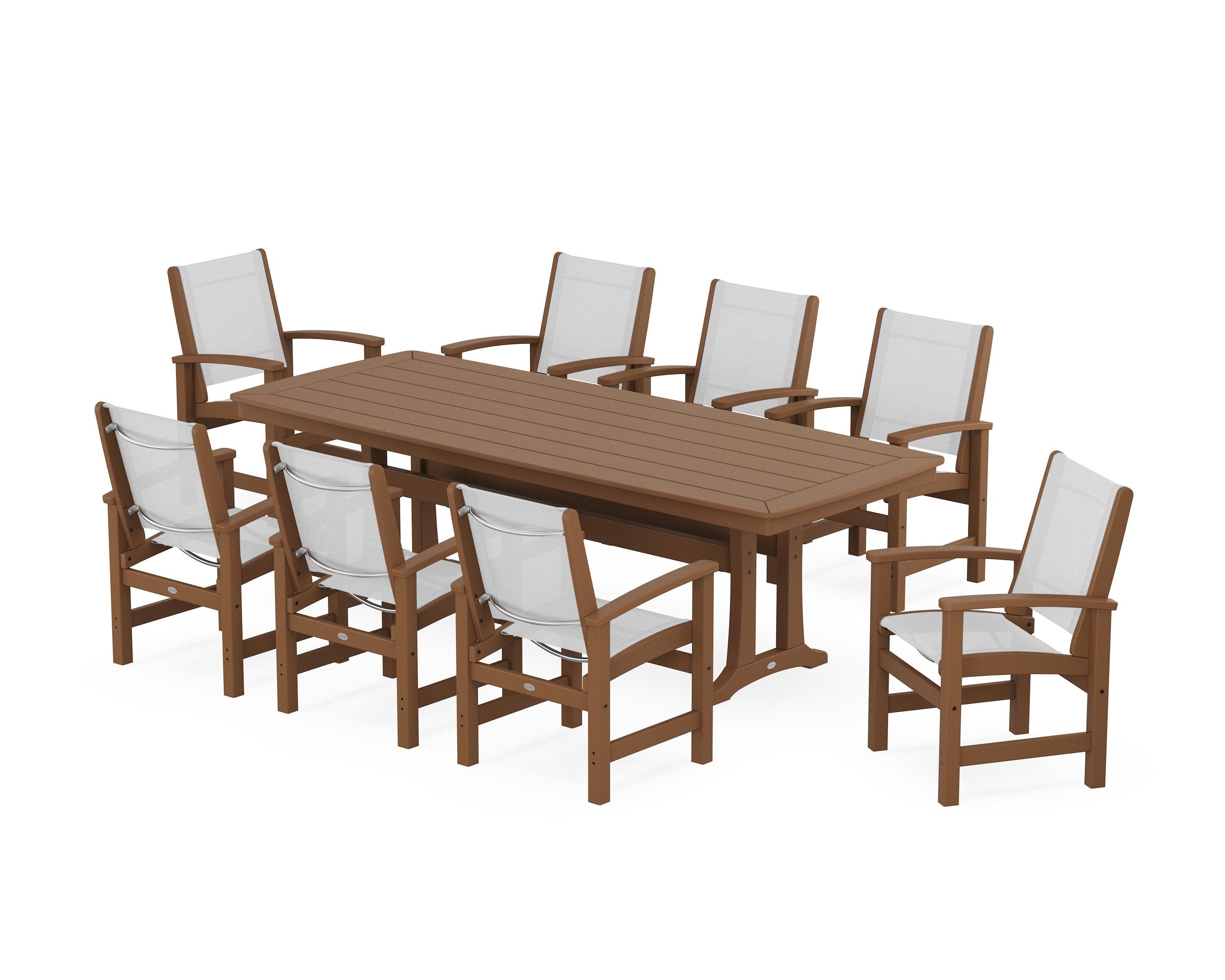 POLYWOOD Coastal 9-Piece Dining Set with Trestle Legs in Teak / White Sling