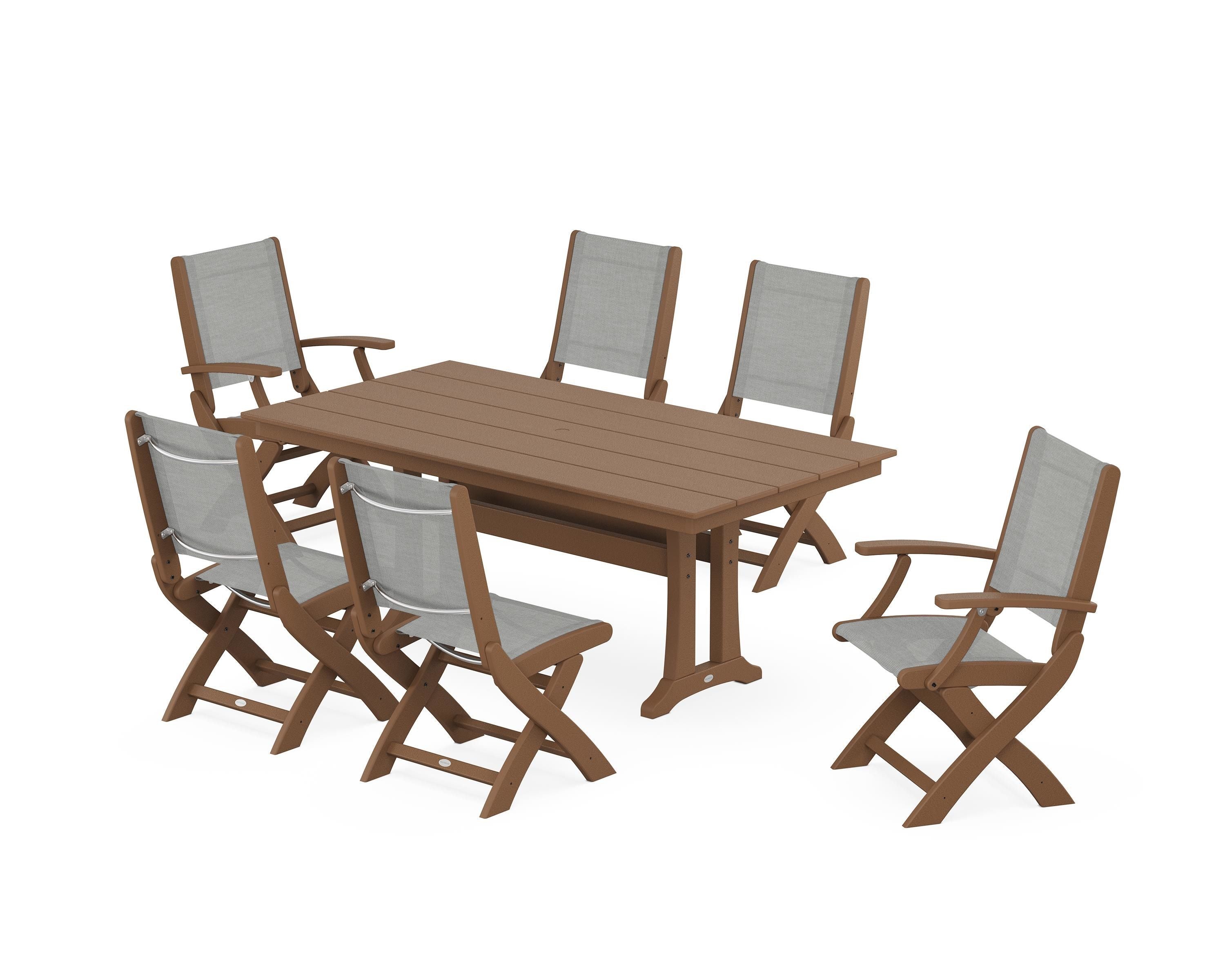 POLYWOOD Coastal Folding Chair 7-Piece Farmhouse Dining Set with Trestle Legs in Teak / Metallic Sling