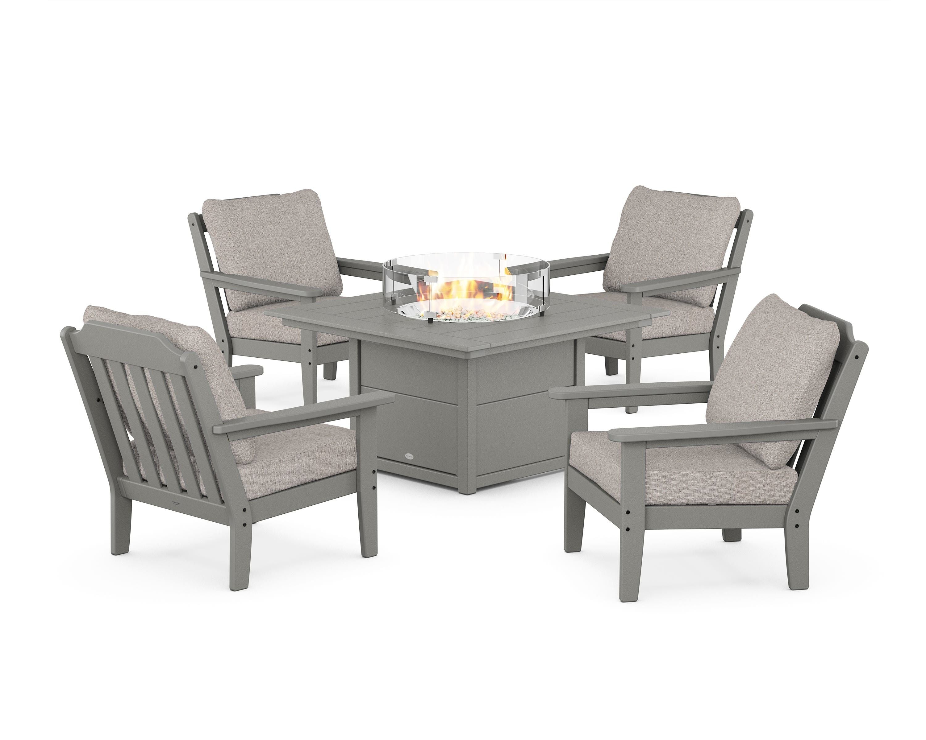 Country Living Cottage 5-Piece Deep Seating Set with Fire Pit Table in Slate Grey / Weathered Tweed