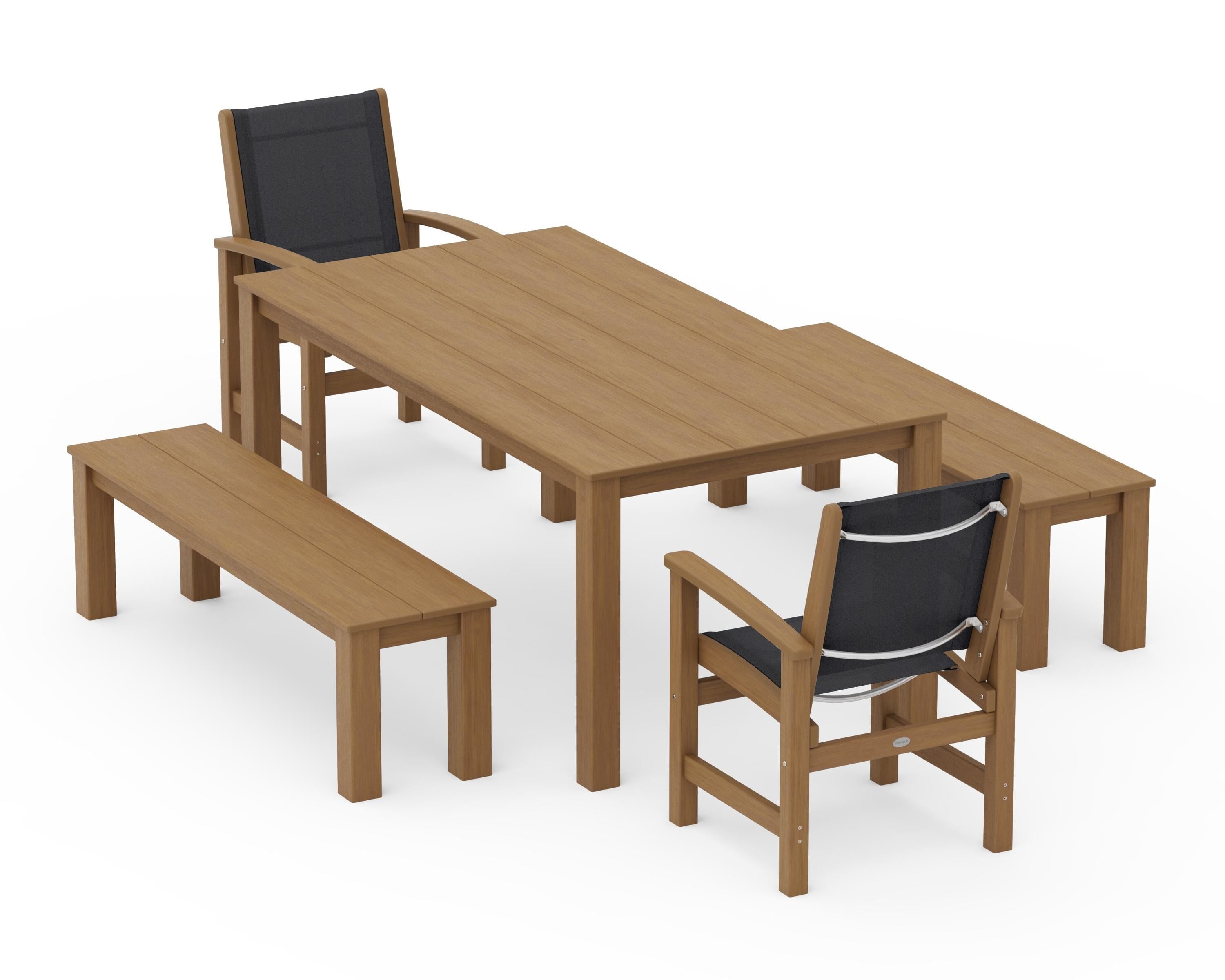POLYWOOD Coastal 5-Piece Parsons Dining Set with Benches in Natural / Black Sling
