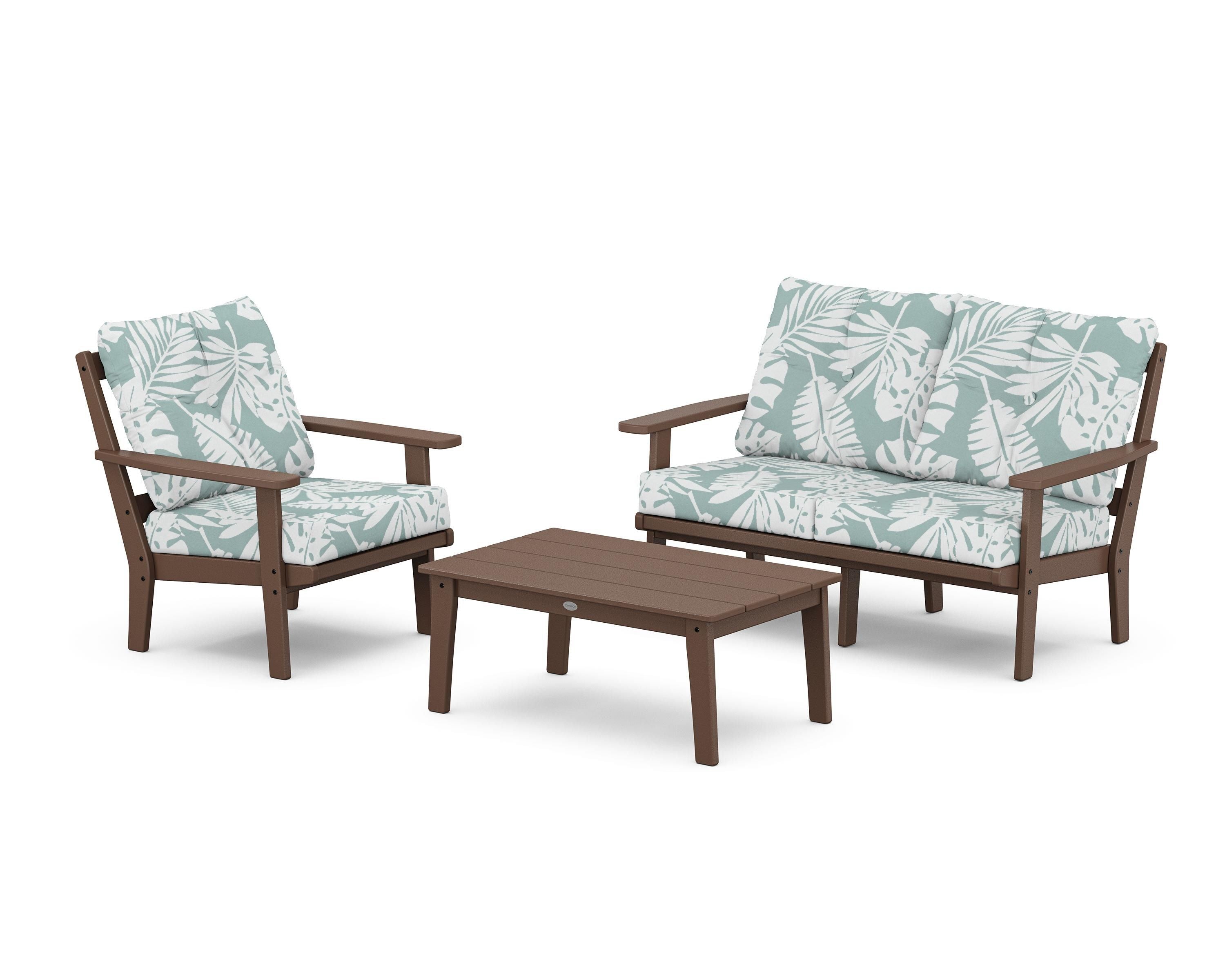 POLYWOOD Oxford 3-Piece Deep Seating Set with Loveseat in Mahogany / Leaf Glacier Spa