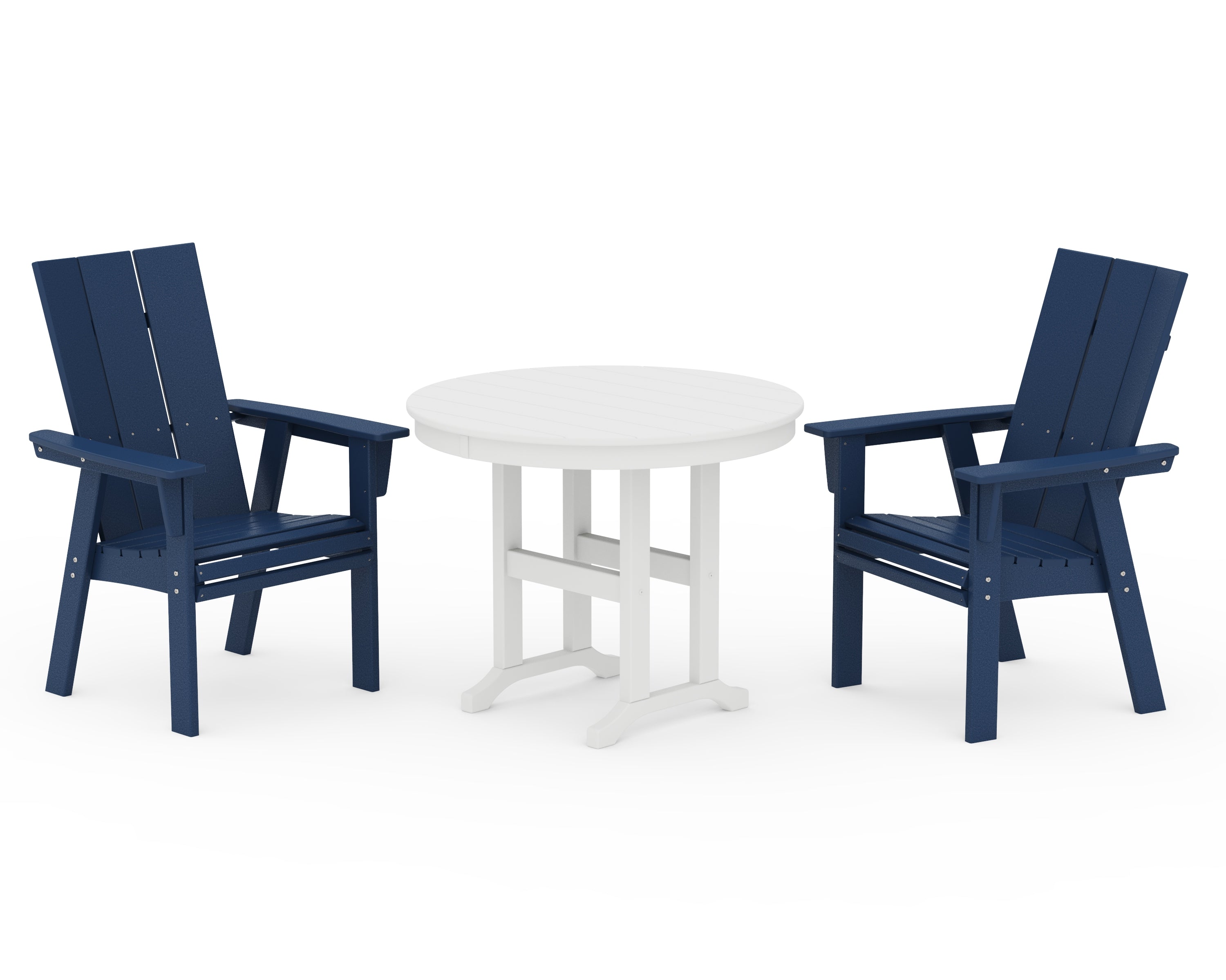 POLYWOOD Modern Adirondack 3-Piece Round Dining Set in Navy / White