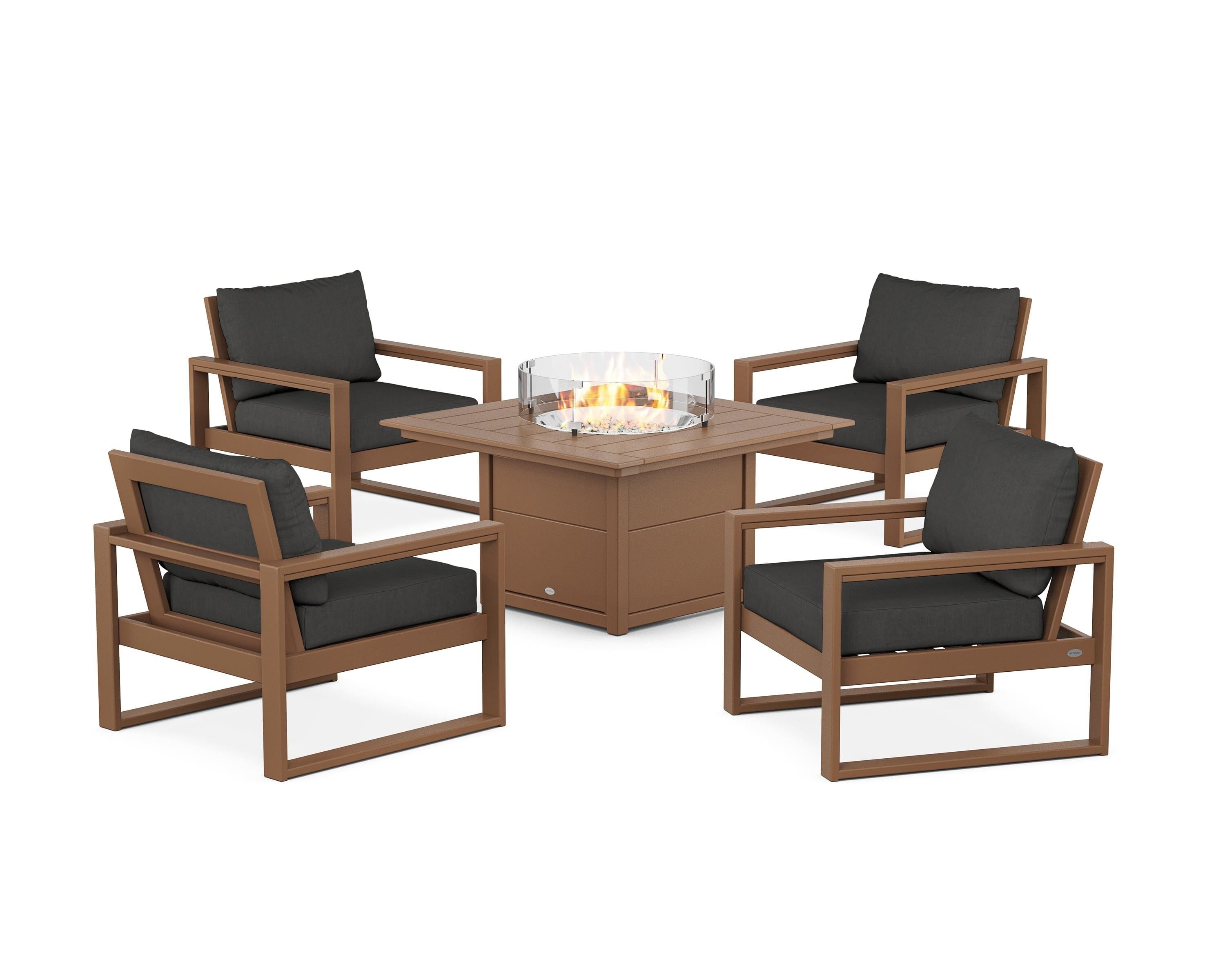 POLYWOOD EDGE Sectional 5-Piece Deep Seating Set with Fire Pit Table in Teak / Spectrum Carbon