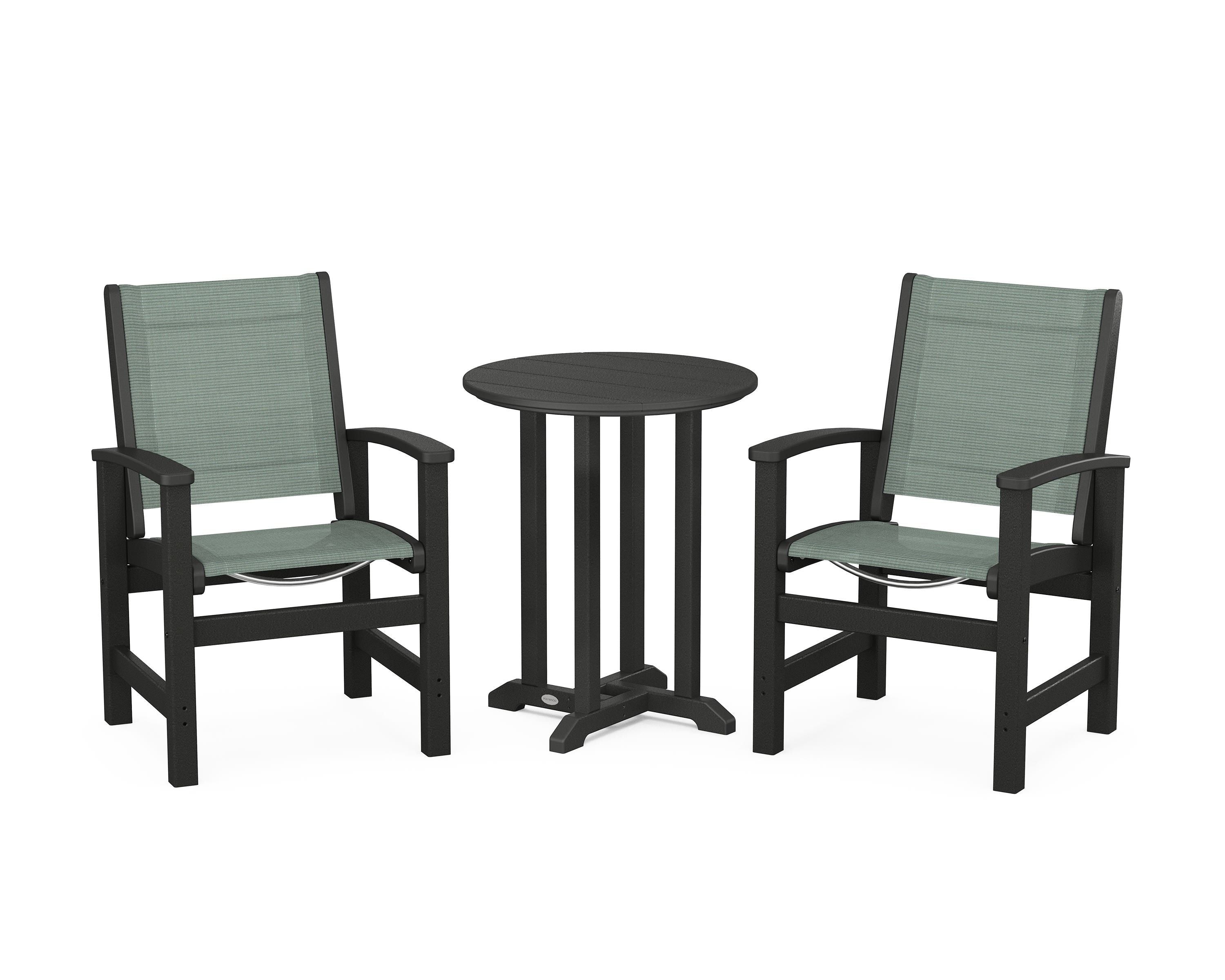 POLYWOOD Coastal 3-Piece Round Bistro Dining Set in Black / Dupioni Sea Mist Sling