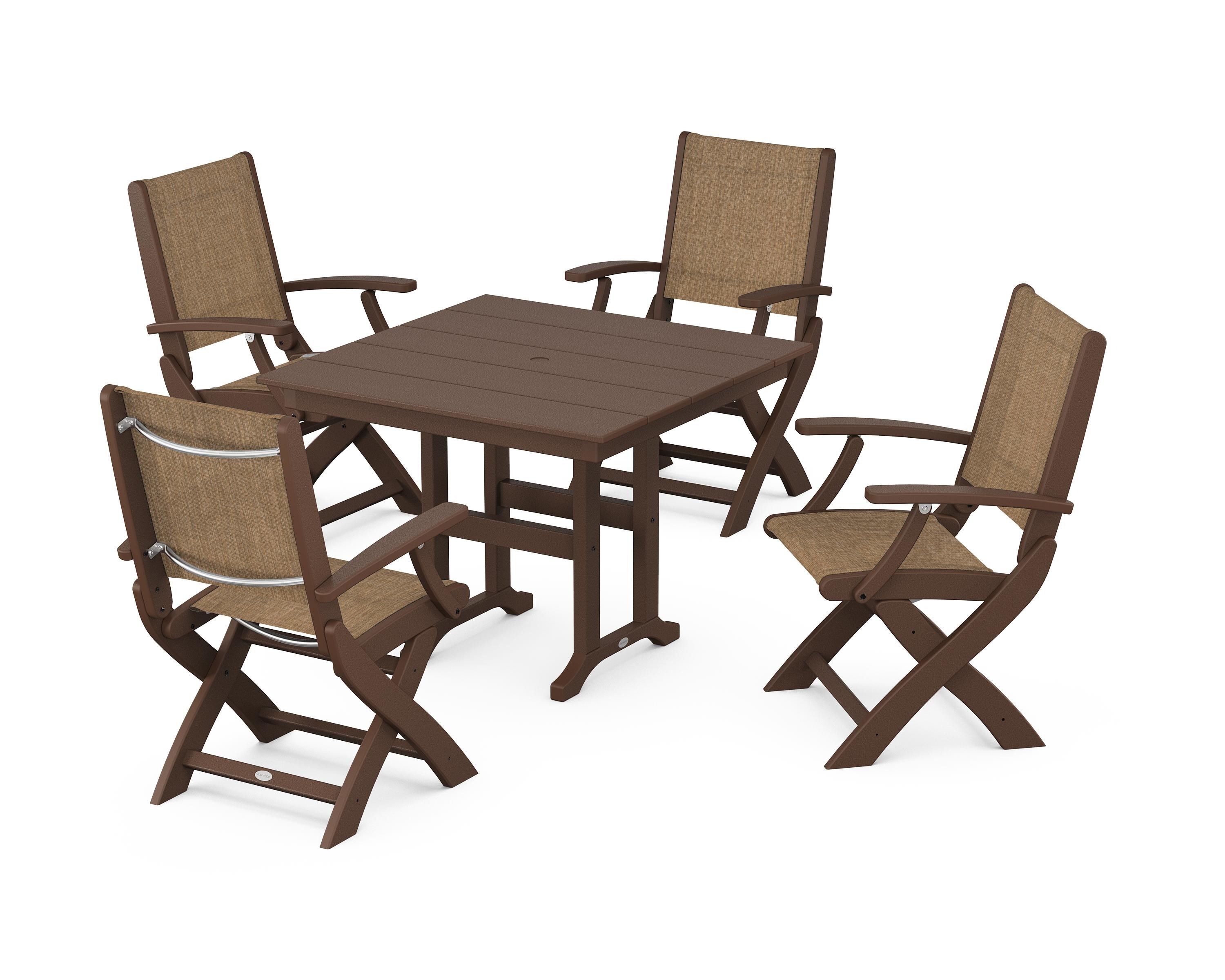 POLYWOOD Coastal Folding Chair 5-Piece Farmhouse Dining Set in Mahogany / Burlap Sling