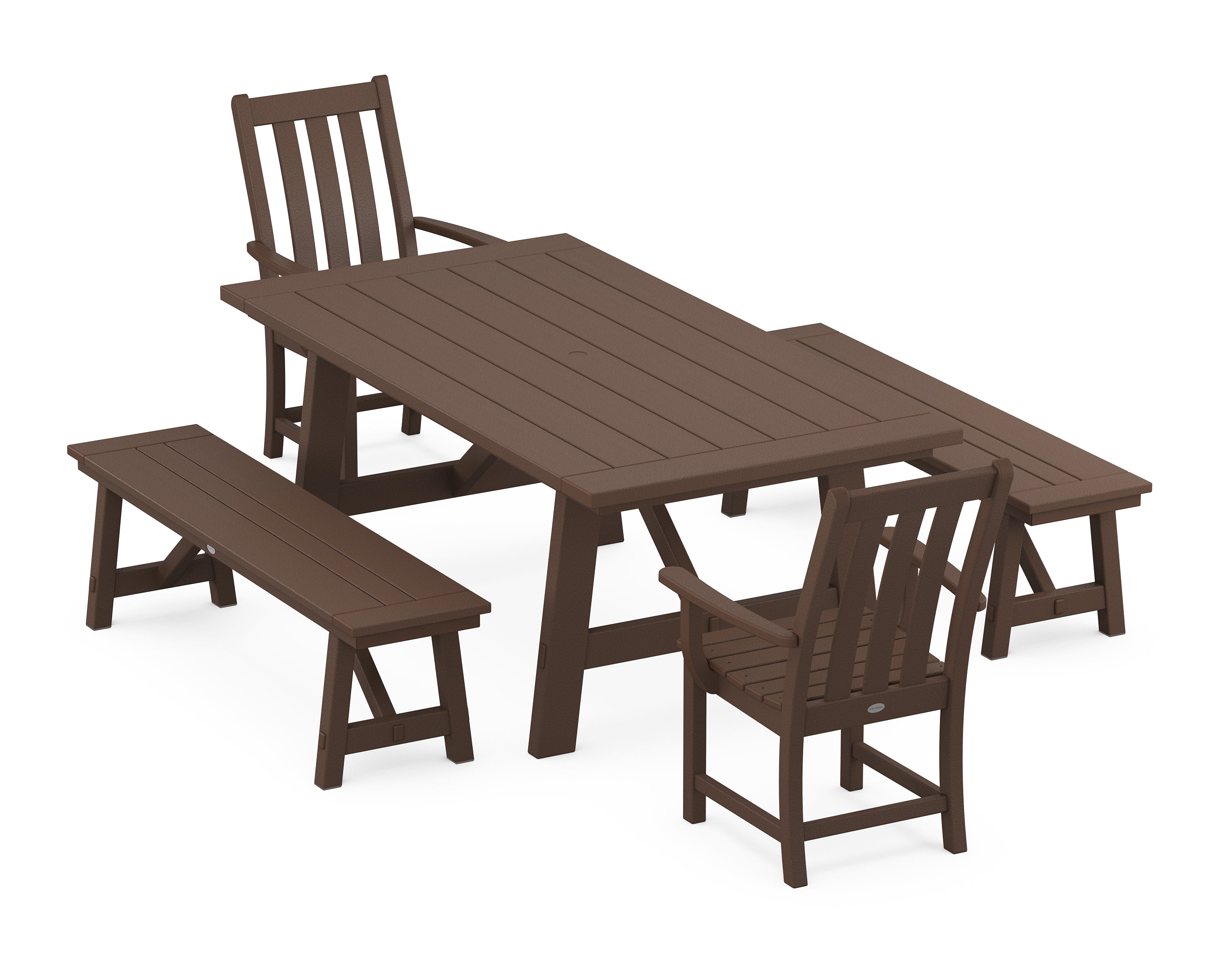 POLYWOOD® Vineyard 5-Piece Rustic Farmhouse Dining Set With Benches in Mahogany