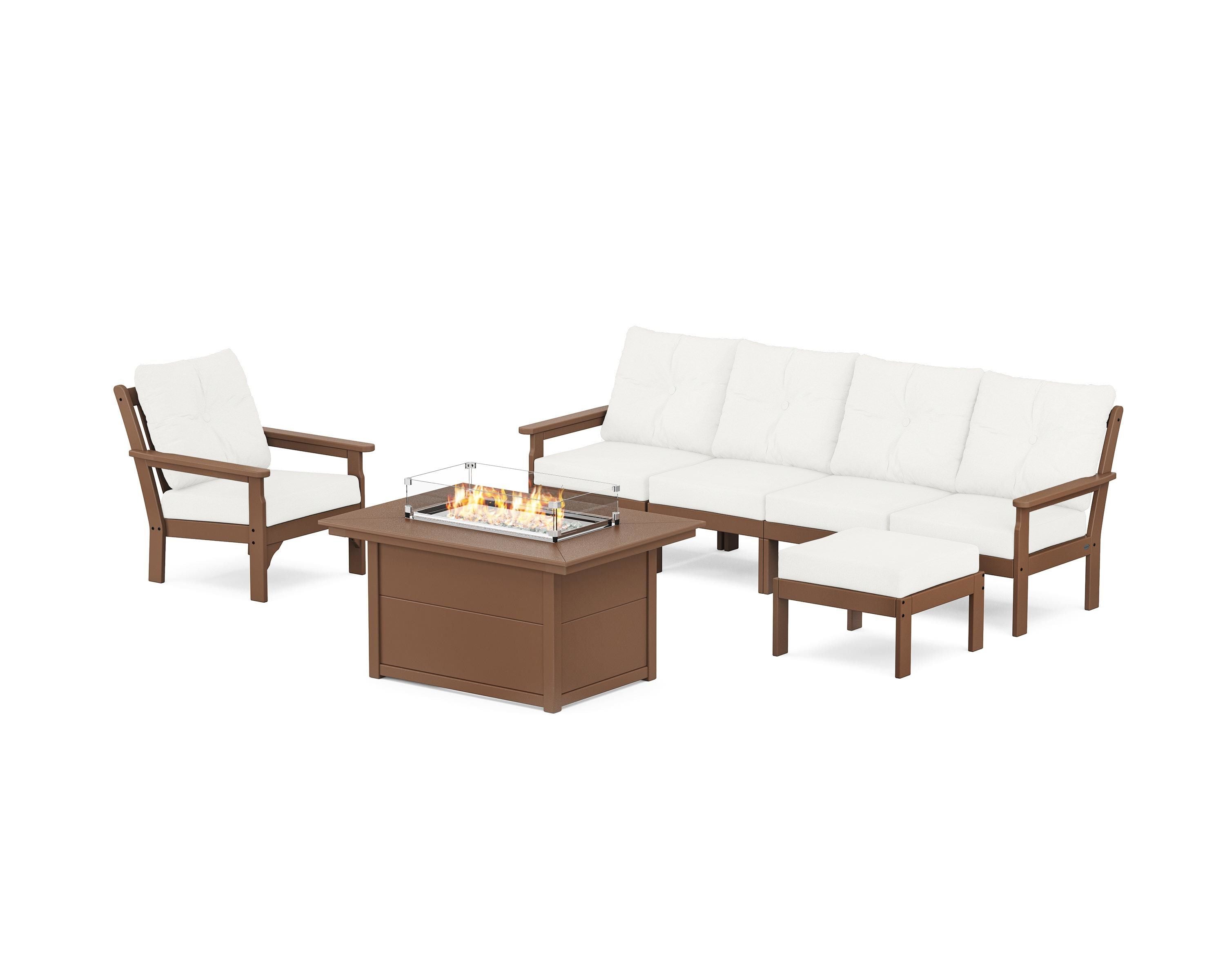 POLYWOOD Vineyard Sectional Lounge and Fire Pit Set in Teak / Natural Linen