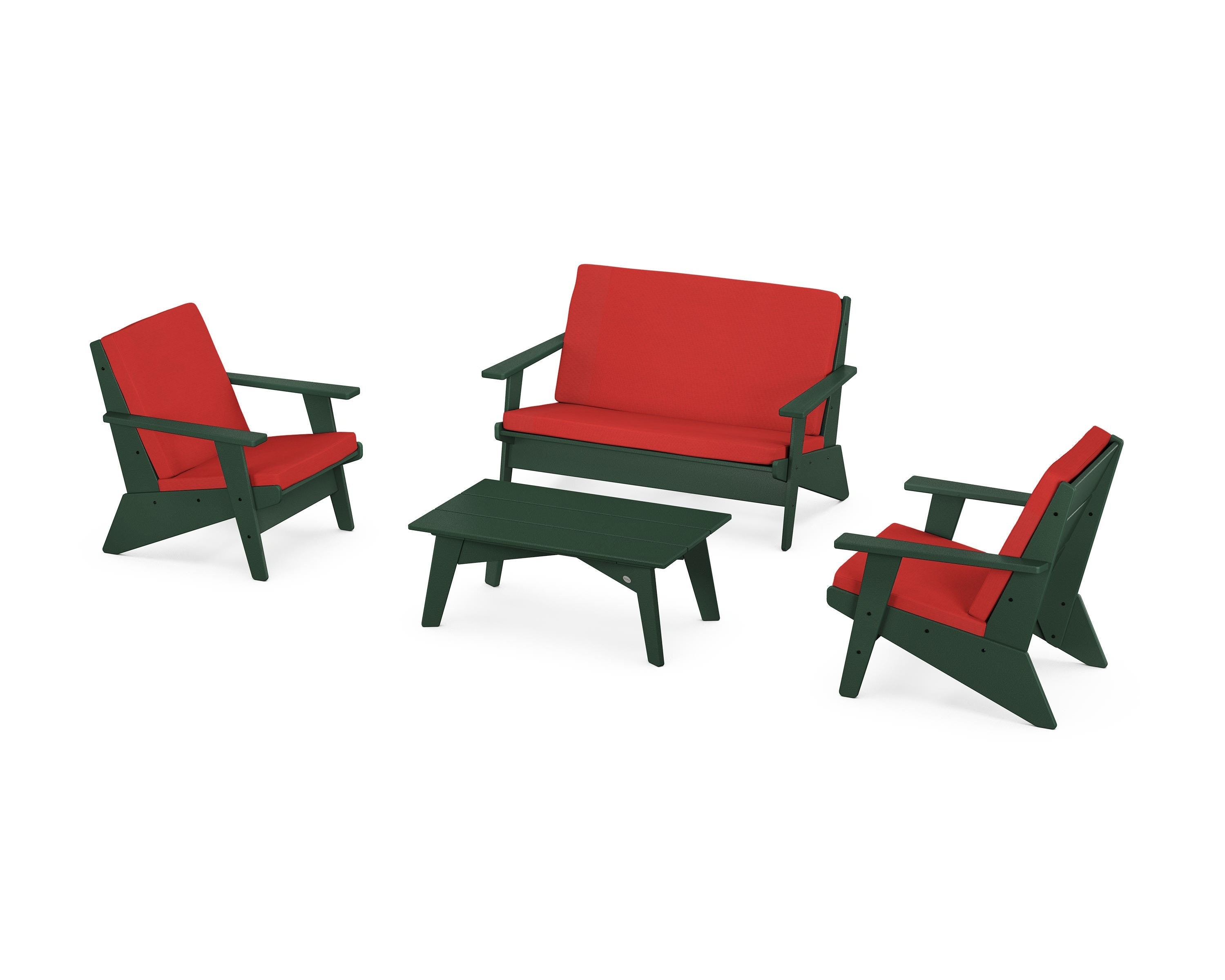 POLYWOOD Riviera Modern Lounge 4-Piece Set in Green / Crimson Linen