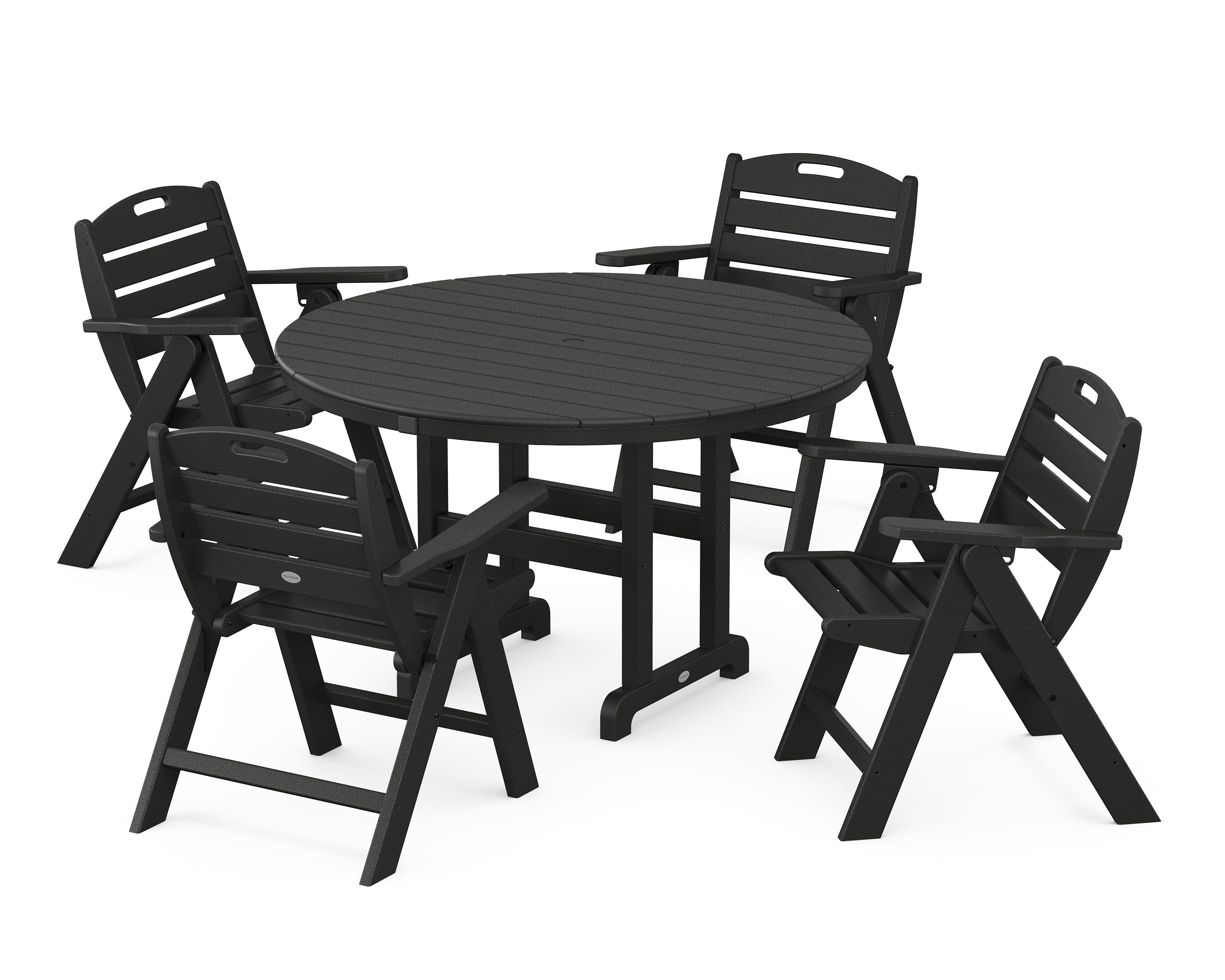 POLYWOOD® Nautical Folding Lowback Chair 5-Piece Round Farmhouse Dining Set in Black