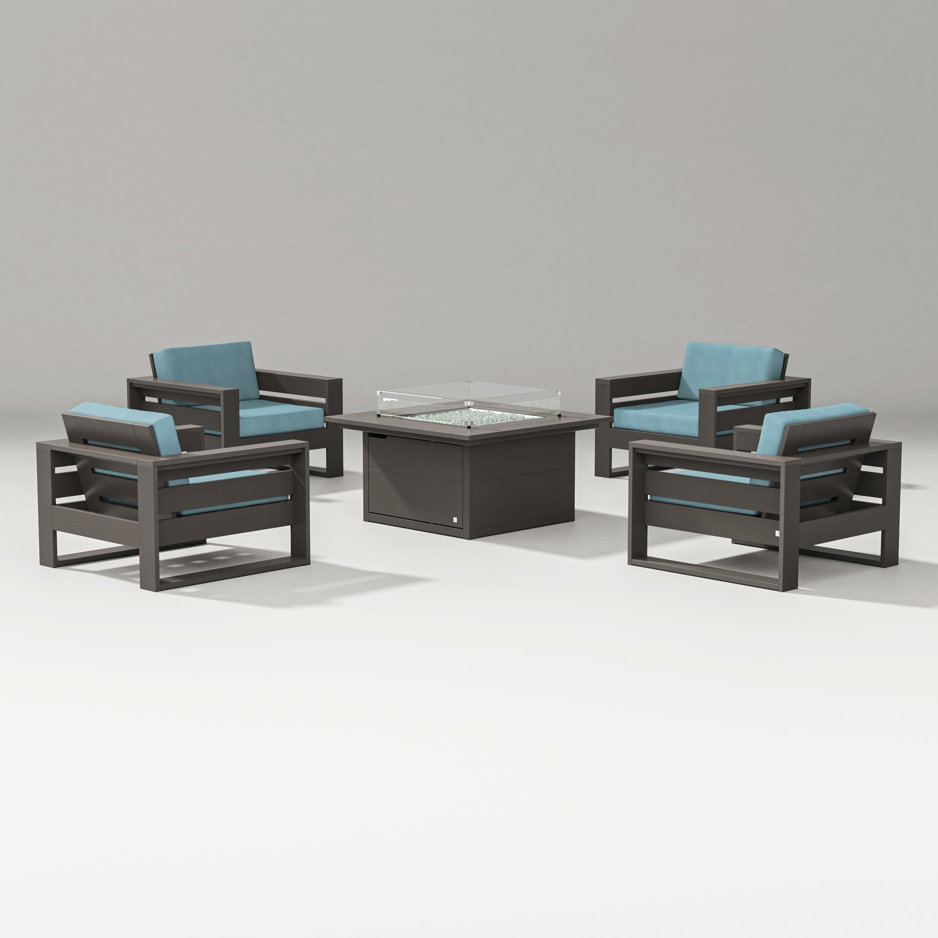 PW Designer Series Latitude 5-Piece Lounge Fire Table Set in Vintage Coffee / Lattice Sky Blue