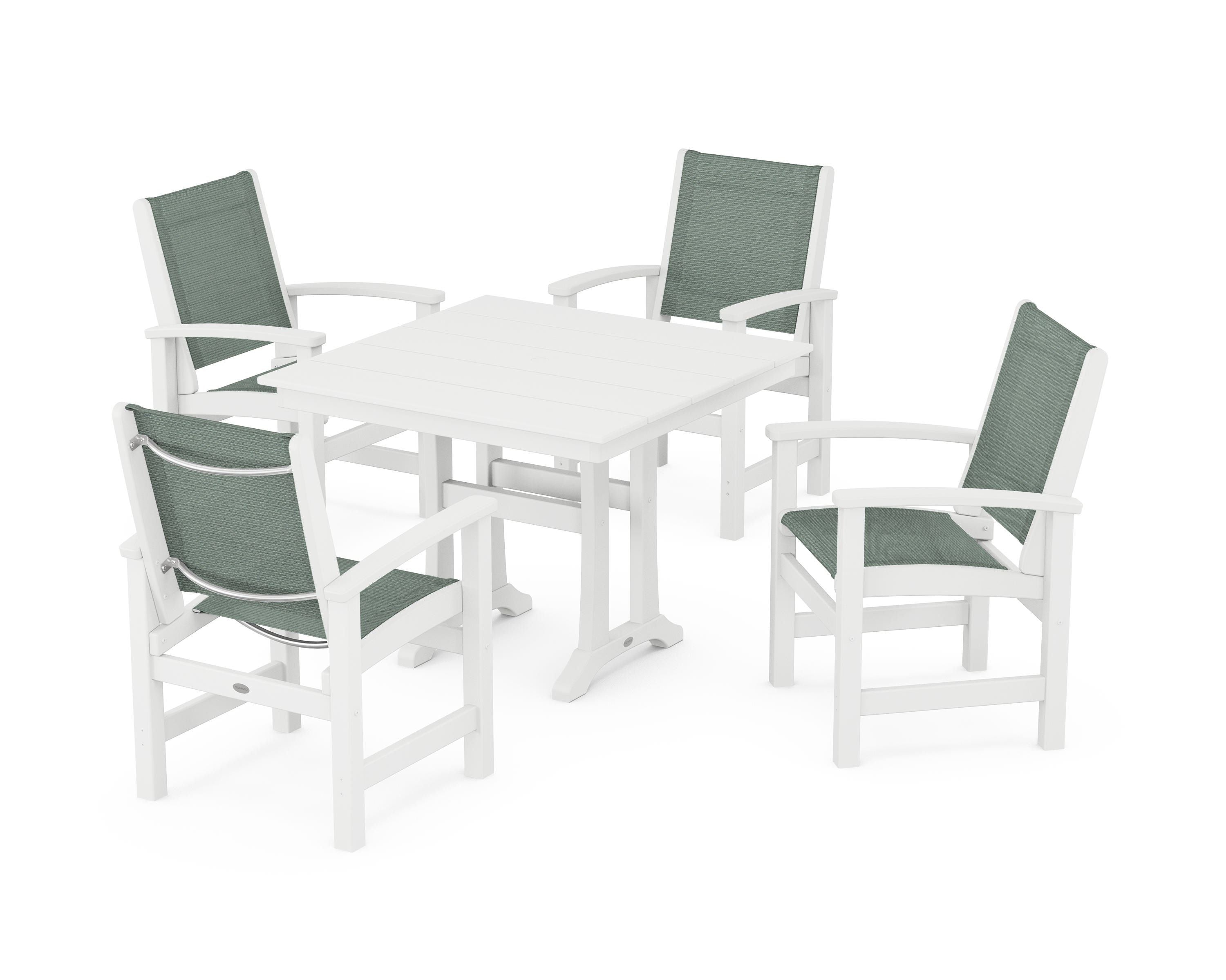 POLYWOOD Coastal 5-Piece Farmhouse Dining Set With Trestle Legs in White / Dupioni Sea Mist Sling